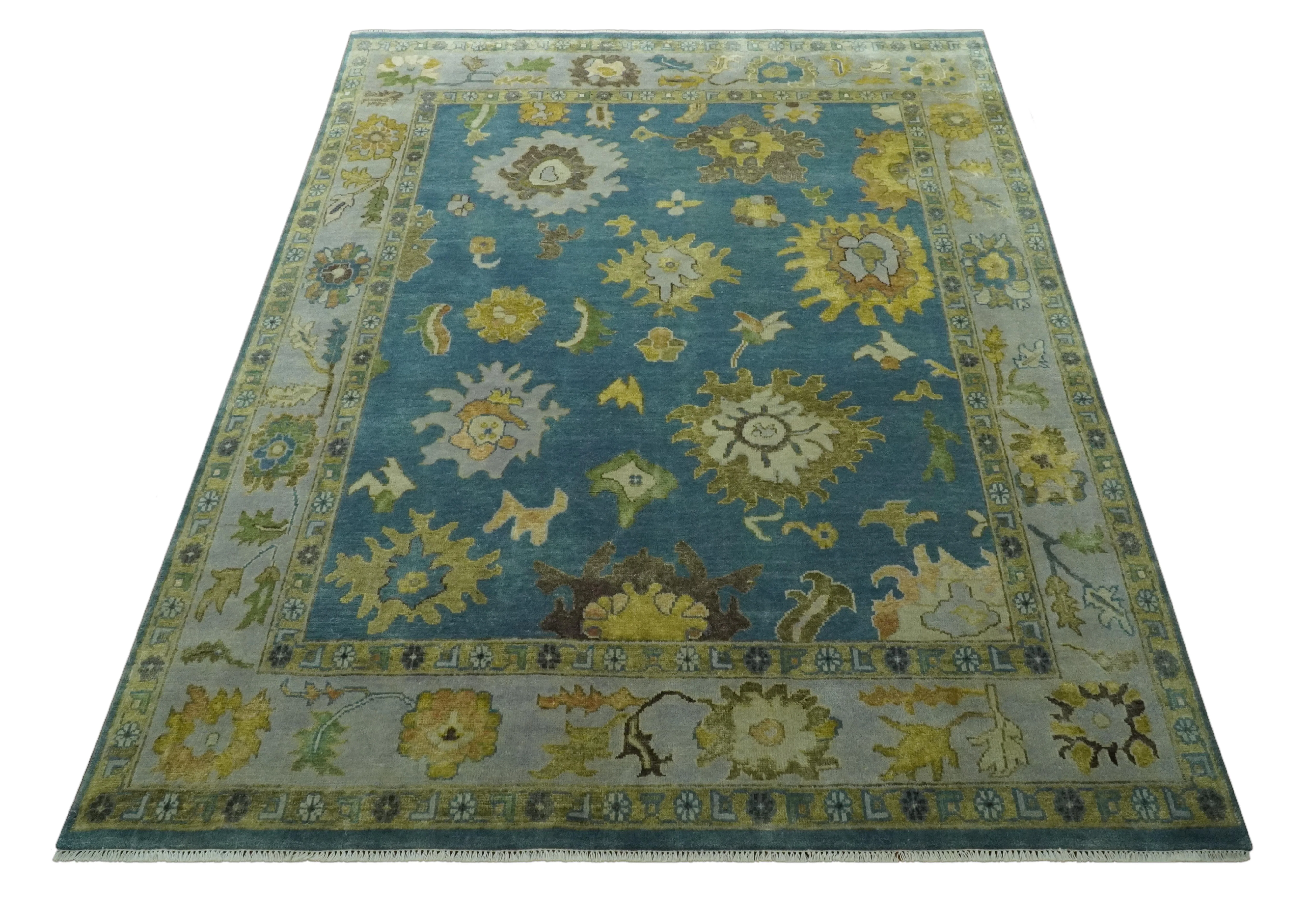 Blue, Silver and Olive 8x10 Hand knotted Traditional Oushak wool area rug - Image 12