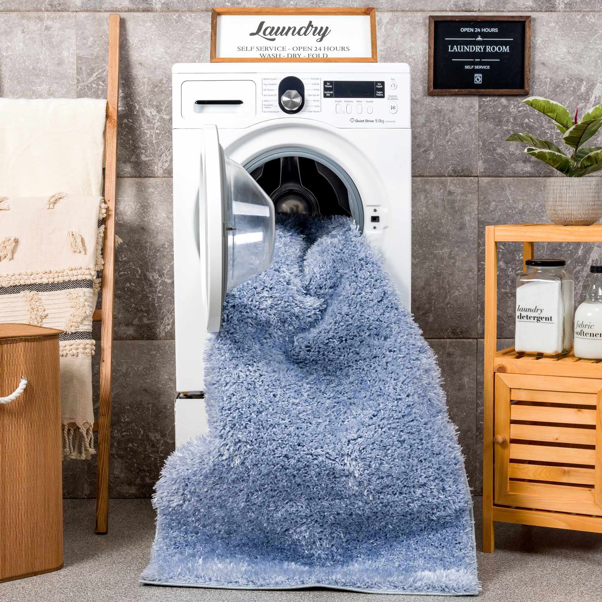 Blue Solid Plush Design Washable Area Rug - Image 12