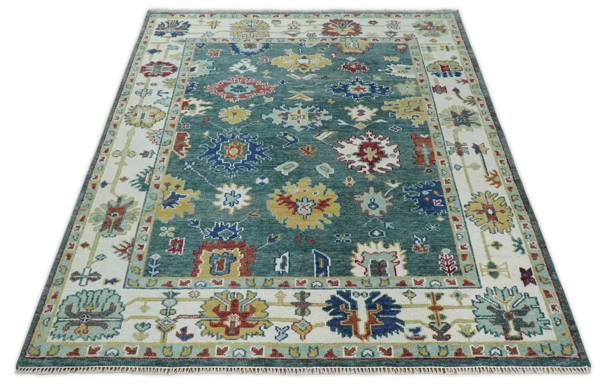 8x10 All Wool Traditional Persian Blue Teal and Ivory Vibrant Colorful Hand knotted Oushak Area Rug - Image 5