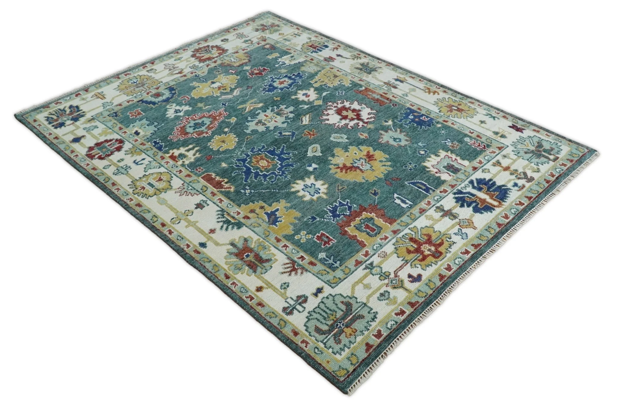 8x10 All Wool Traditional Persian Blue Teal and Ivory Vibrant Colorful Hand knotted Oushak Area Rug - Image 7