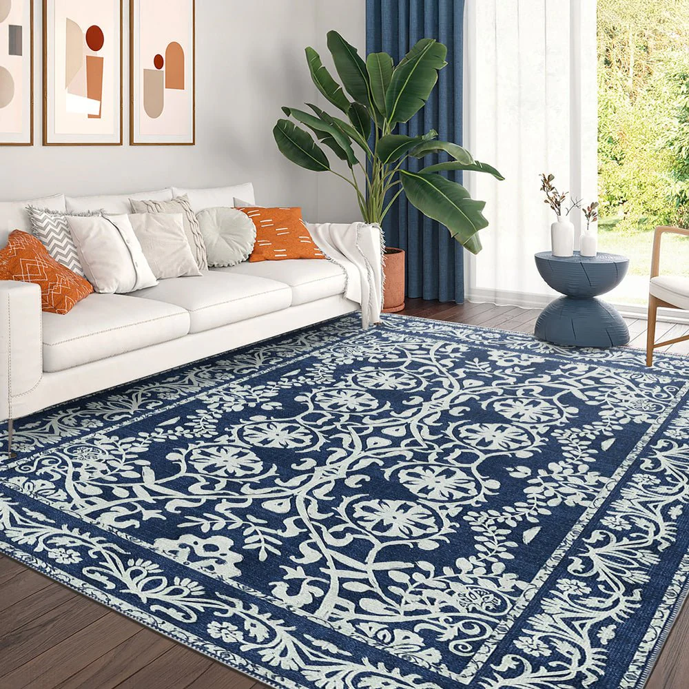 Blue and White Leaf's and Flower Machine Washable Cotton Rug - Image 2