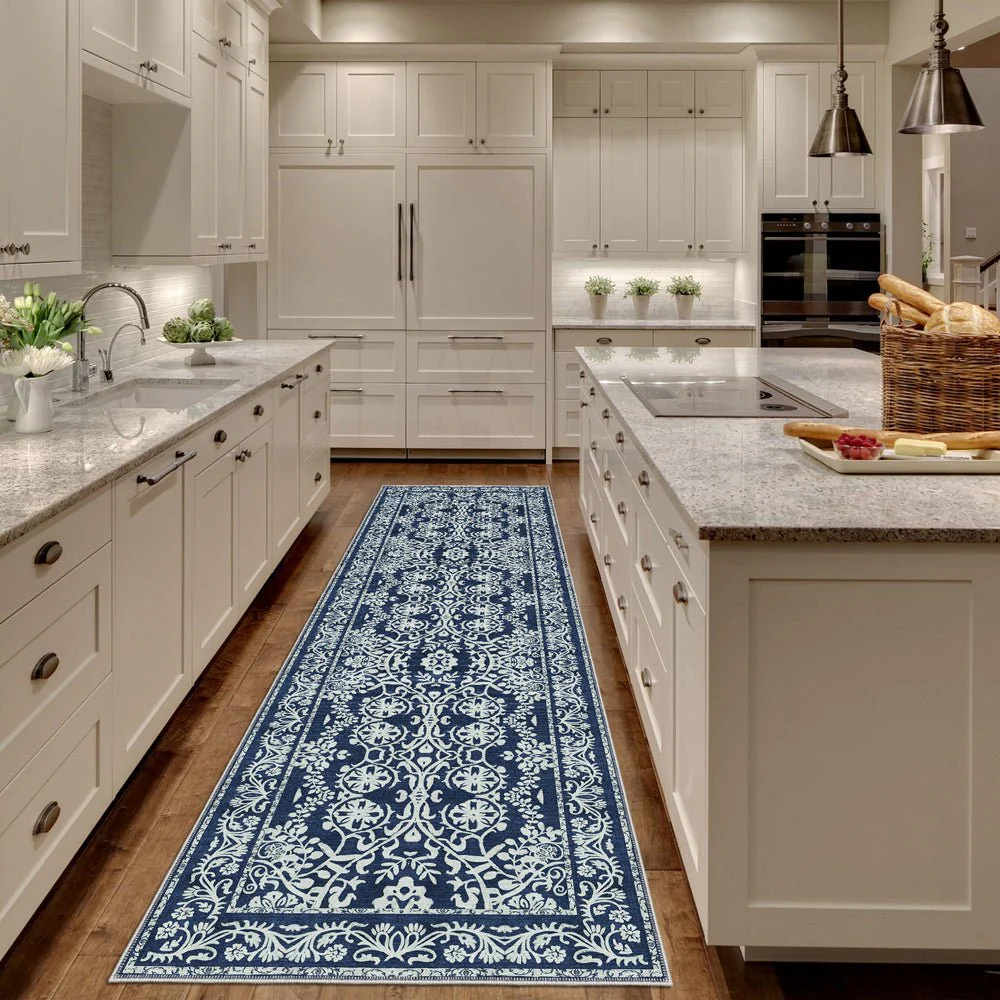 Blue and White Leaf's and Flower Machine Washable Cotton Rug - Image 3