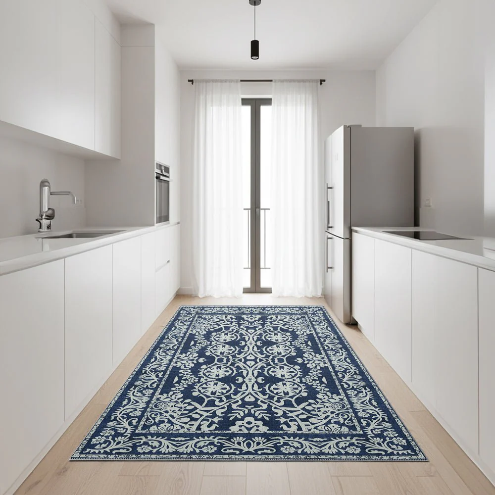 Blue and White Leaf's and Flower Machine Washable Cotton Rug - Image 4