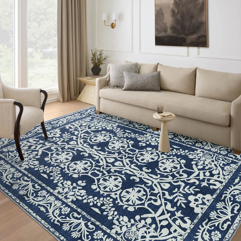 Blue and White Leaf's and Flower Machine Washable Cotton Rug - Image 5