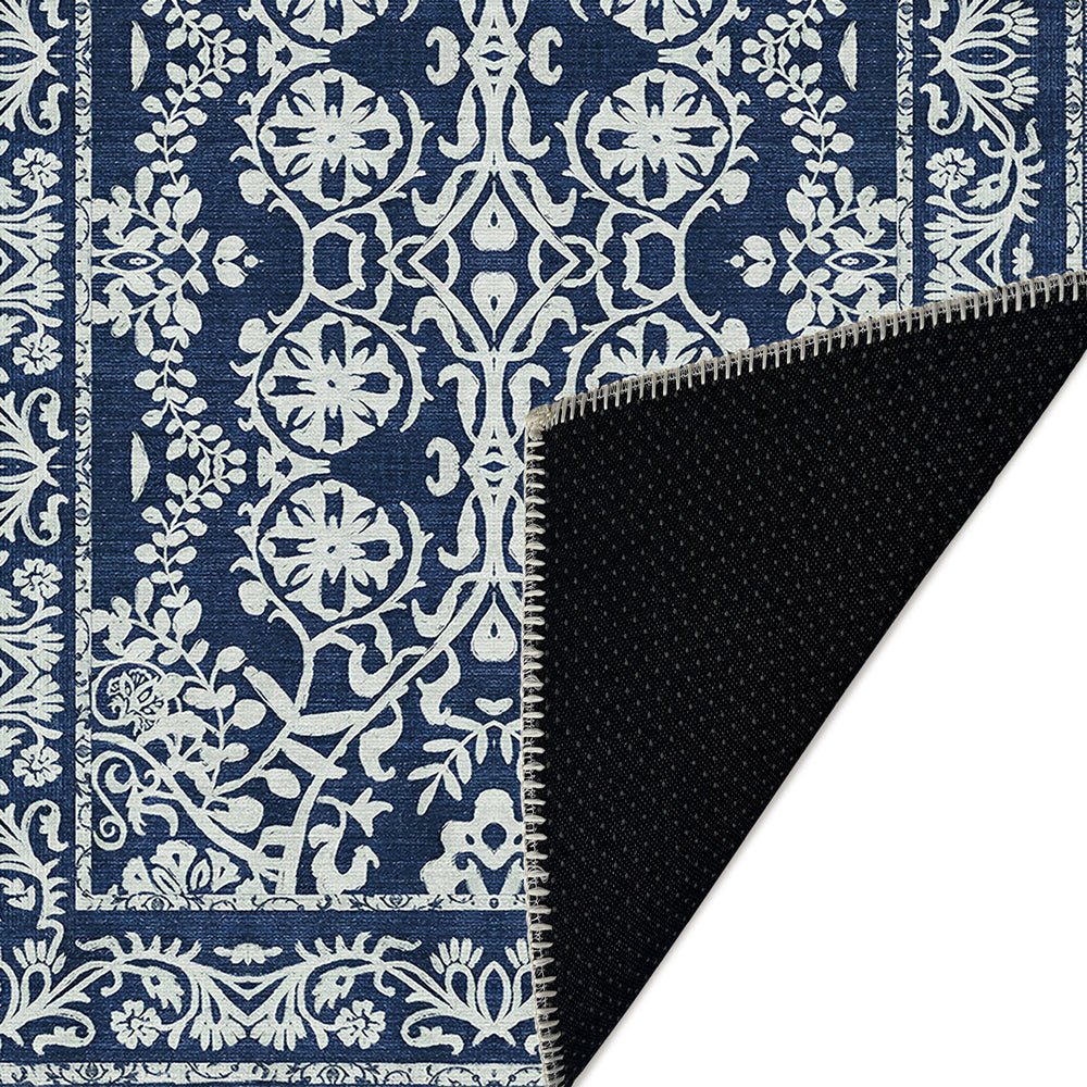 Blue and White Leaf's and Flower Machine Washable Cotton Rug - Image 6