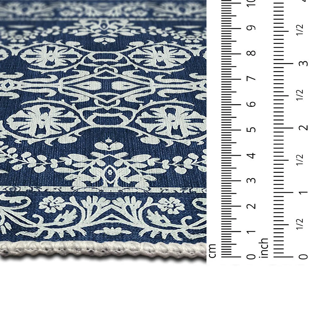 Blue and White Leaf's and Flower Machine Washable Cotton Rug - Image 7