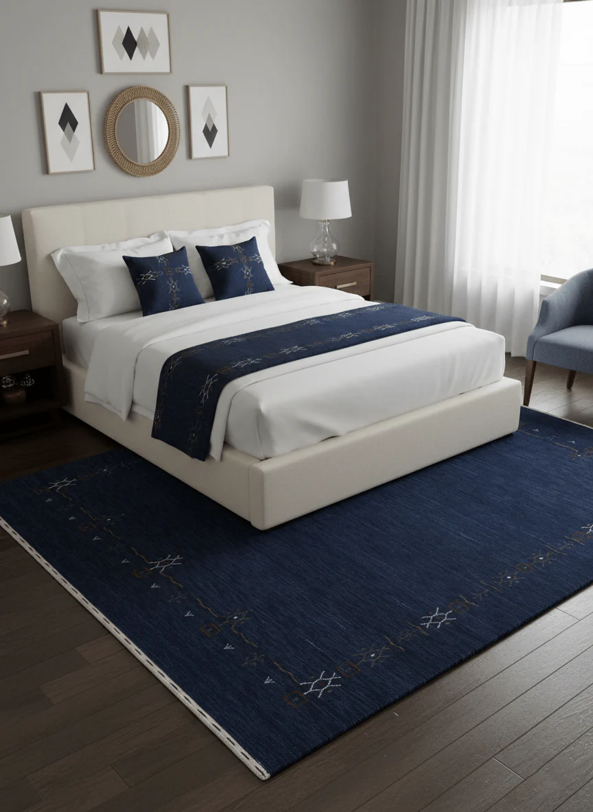 Blue Tribal Border Design Hand Loomed Wool Area Rug - Image 2