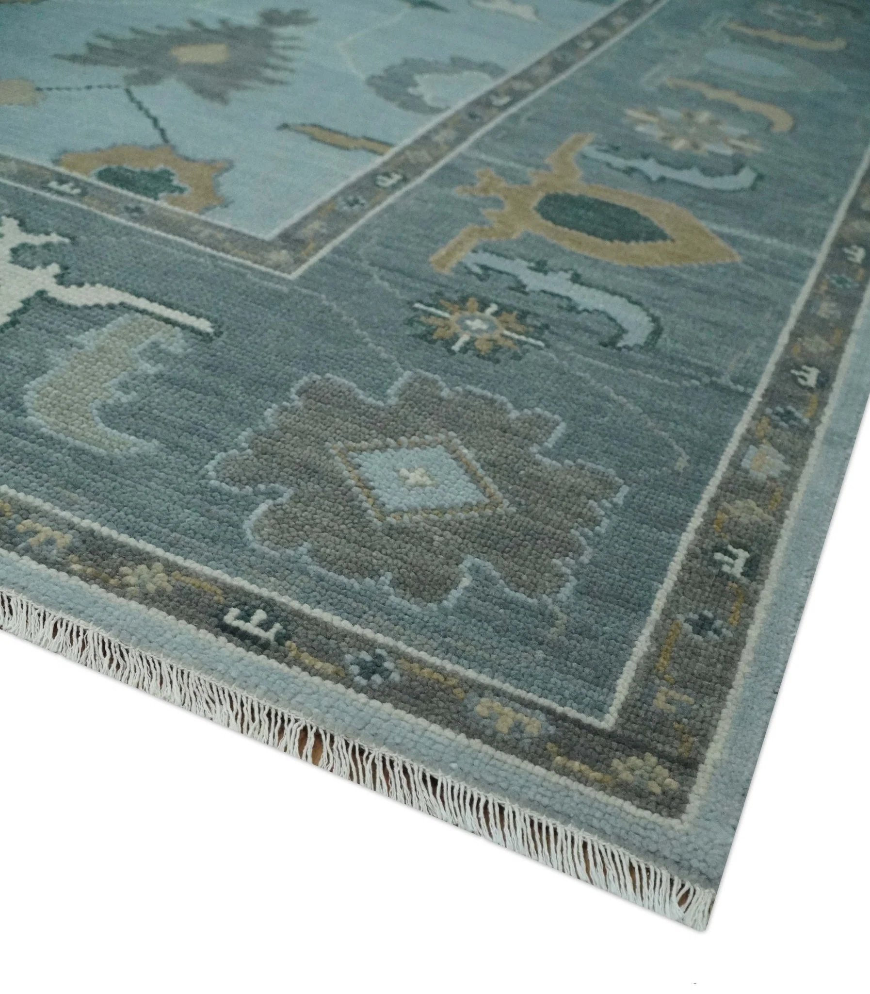 Bluish Gray and Aqua Hand knotted Oriental Oushak Custom Made wool Area Rug - Image 5