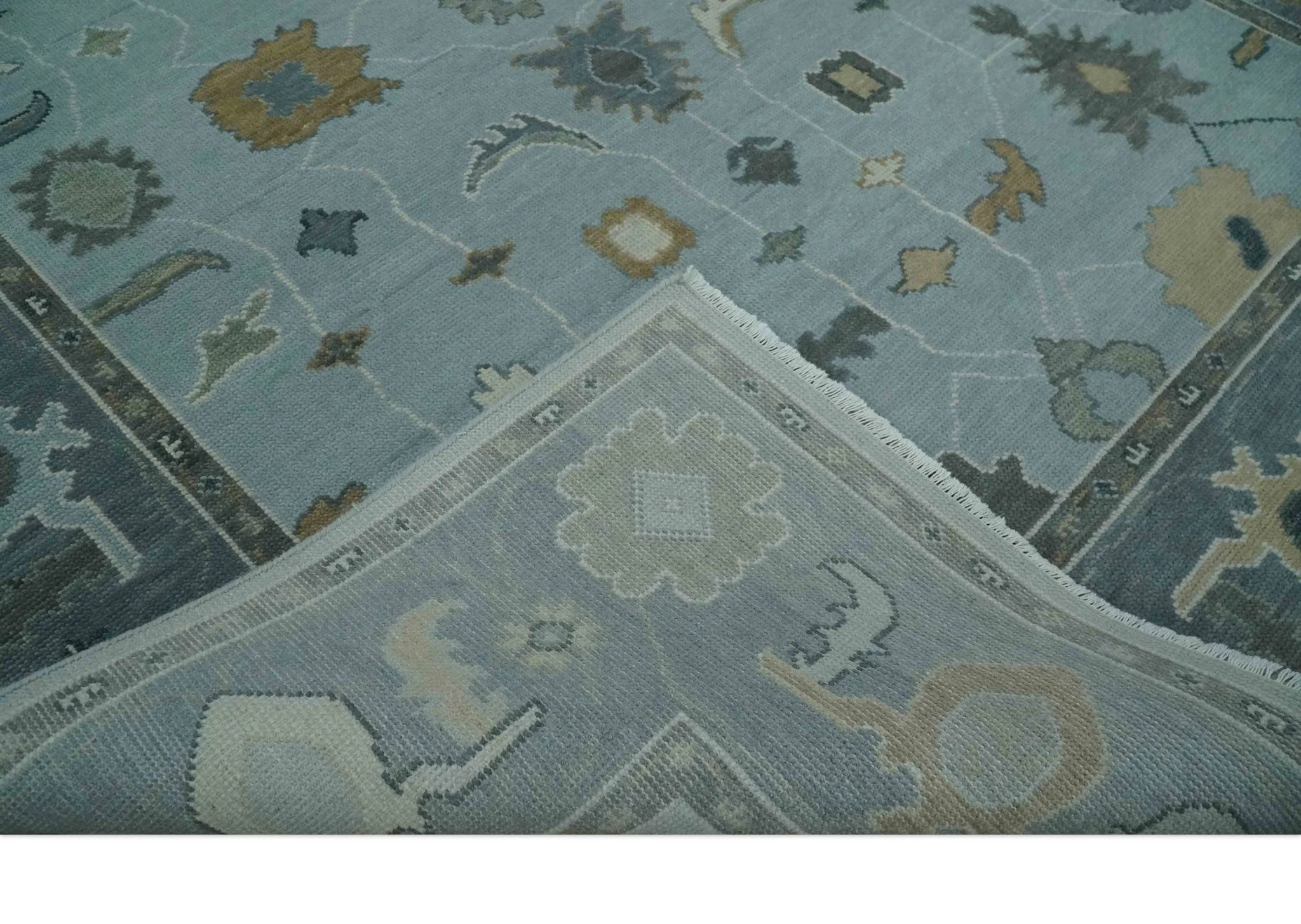 Bluish Gray and Aqua Hand knotted Oriental Oushak Custom Made wool Area Rug - Image 7