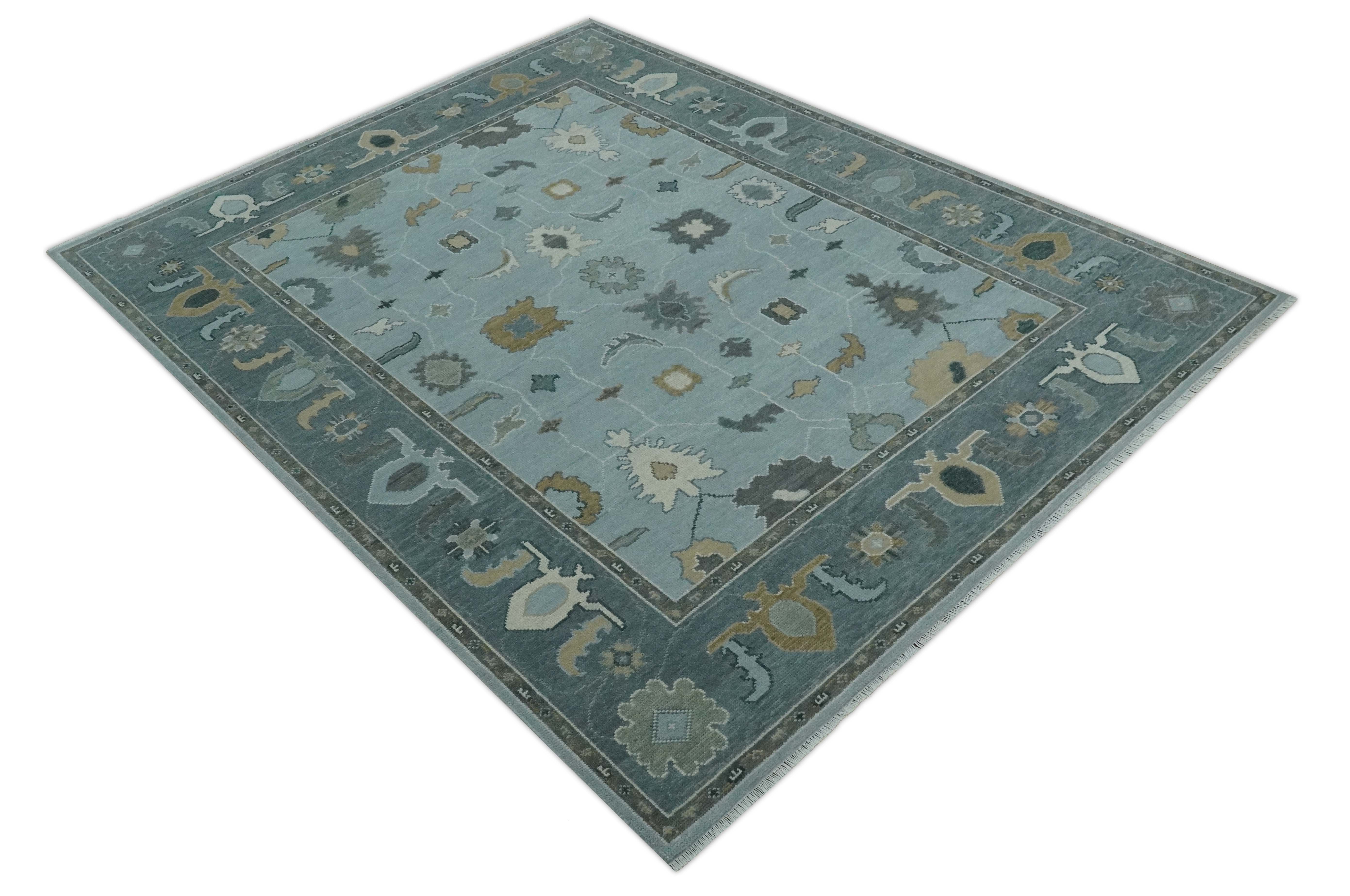 Bluish Gray and Aqua Hand knotted Oriental Oushak Custom Made wool Area Rug - Image 9