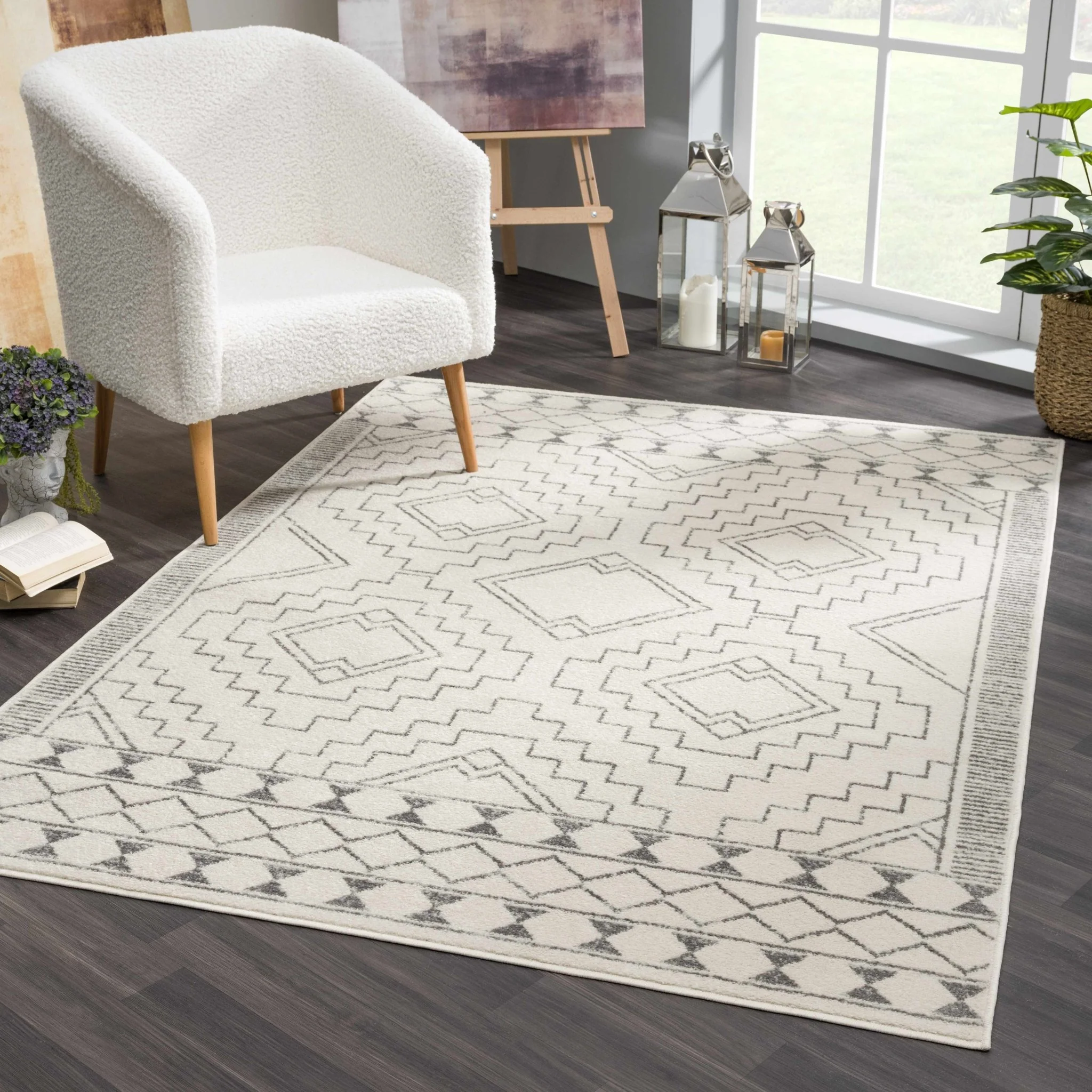 Contemporary Bohemian Ivory and Gray Moroccan Style Low Pile Area Rug - Image 2