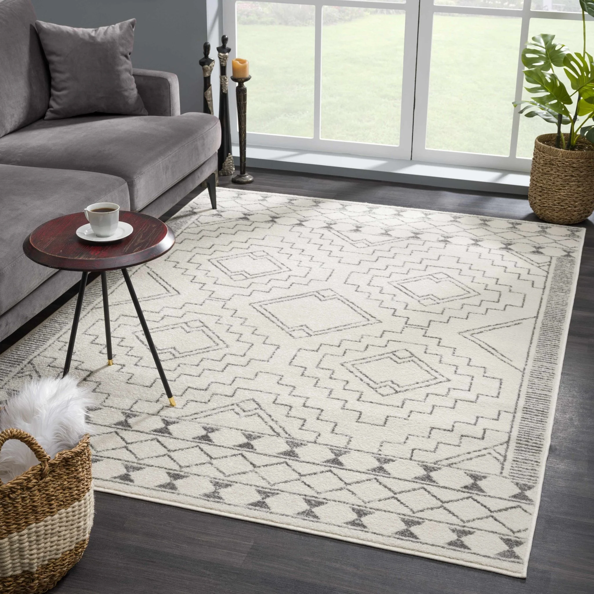 Contemporary Bohemian Ivory and Gray Moroccan Style Low Pile Area Rug - Image 3