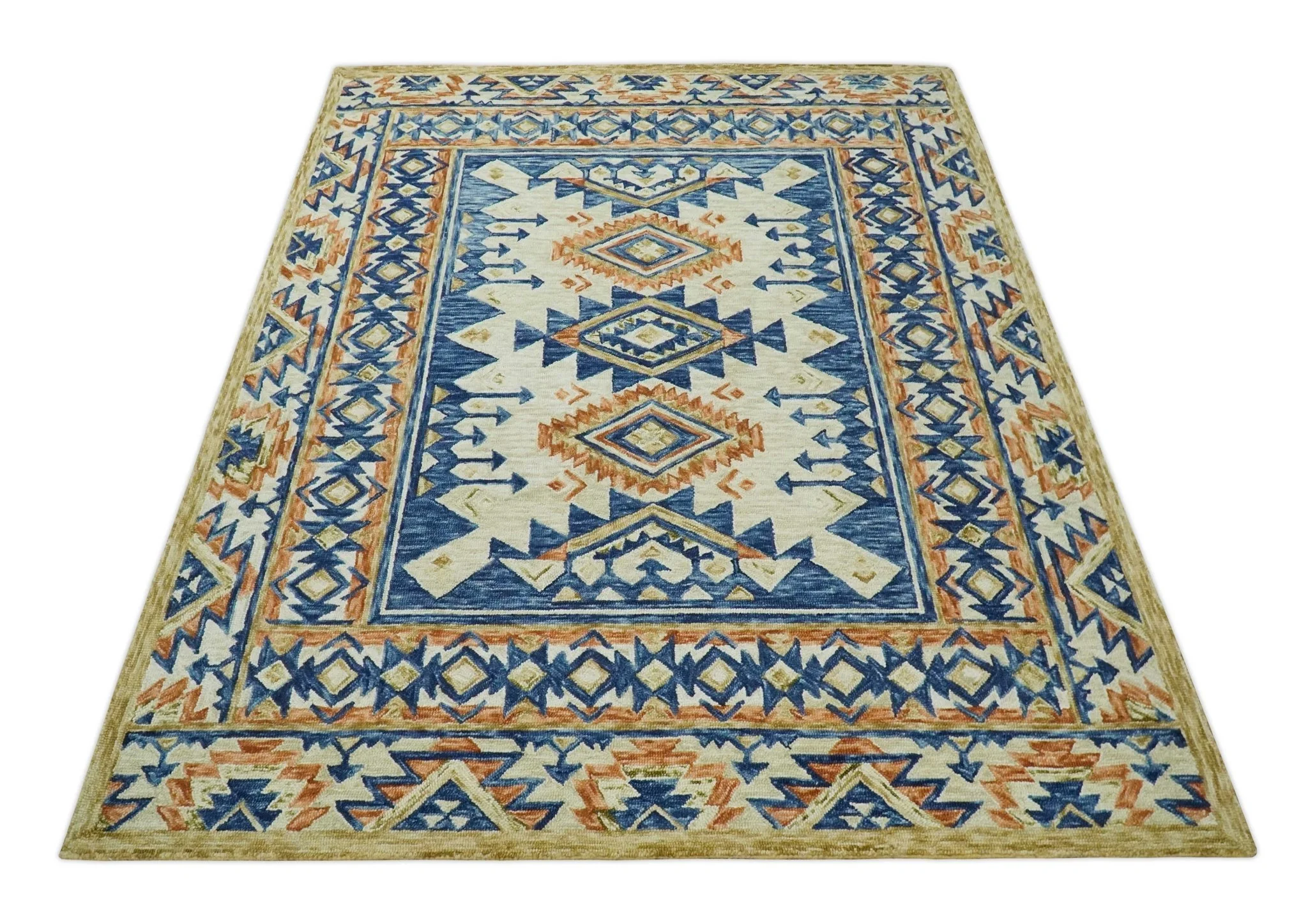 Ready To Ship Bohemian Southwestern Hand Tufted Blue, Gold and Beige Wool Rug - Image 10