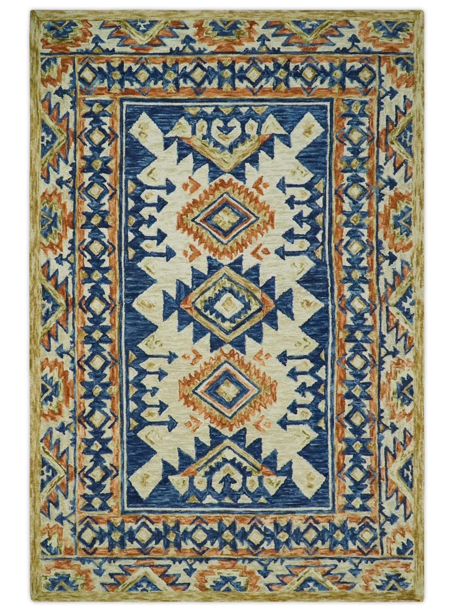 Ready To Ship Bohemian Southwestern Hand Tufted Blue, Gold and Beige Wool Rug - Image 11