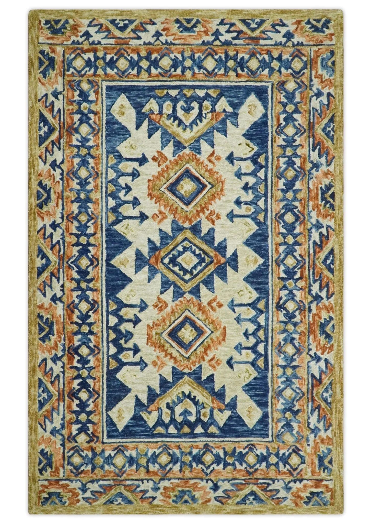 Ready To Ship Bohemian Southwestern Hand Tufted Blue, Gold and Beige Wool Rug - Image 12
