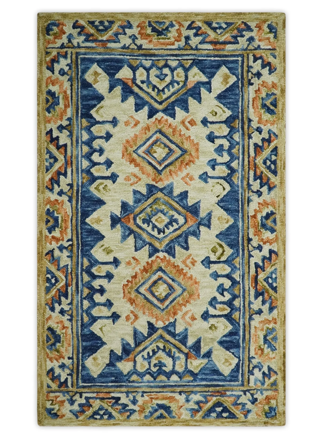 Ready To Ship Bohemian Southwestern Hand Tufted Blue, Gold and Beige Wool Rug - Image 13