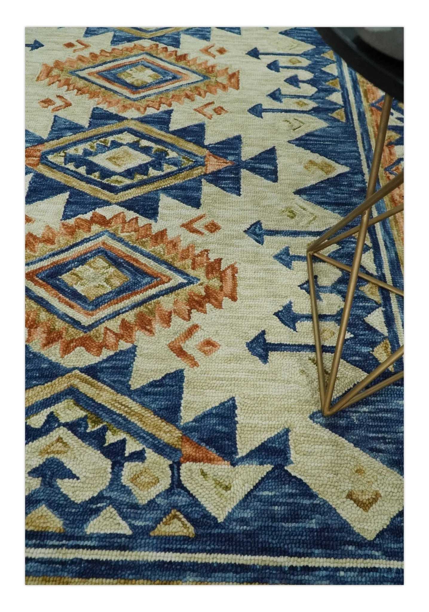 Ready To Ship Bohemian Southwestern Hand Tufted Blue, Gold and Beige Wool Rug - Image 2