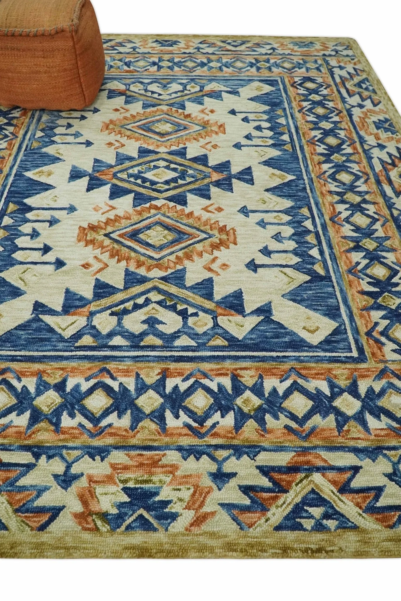 Ready To Ship Bohemian Southwestern Hand Tufted Blue, Gold and Beige Wool Rug - Image 3
