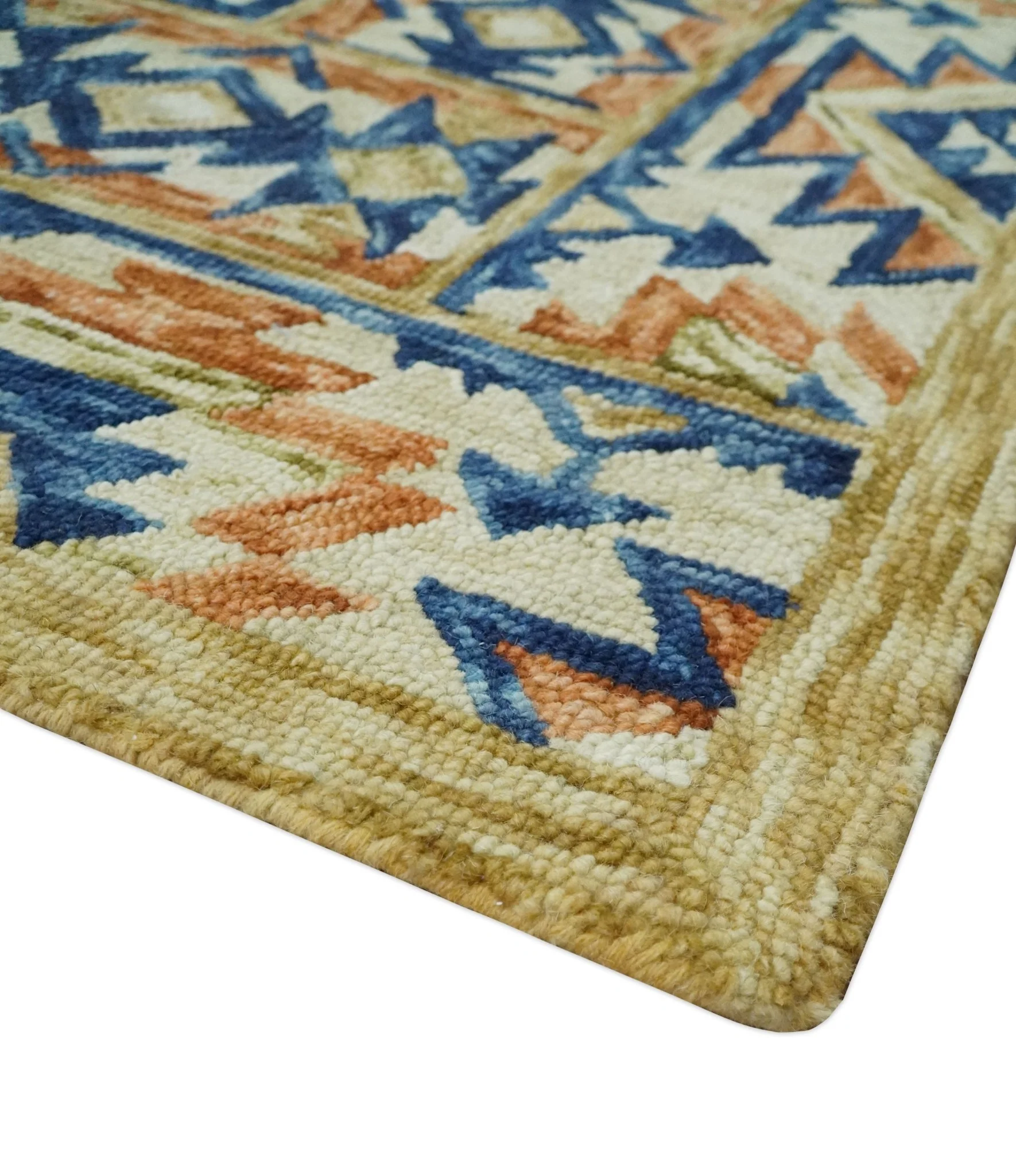 Ready To Ship Bohemian Southwestern Hand Tufted Blue, Gold and Beige Wool Rug - Image 5