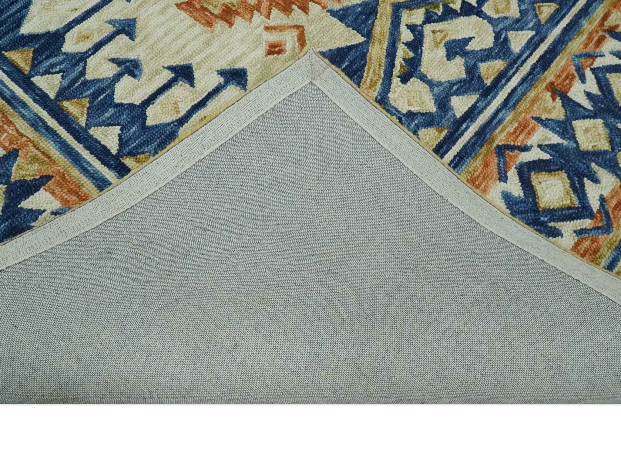 Ready To Ship Bohemian Southwestern Hand Tufted Blue, Gold and Beige Wool Rug - Image 7