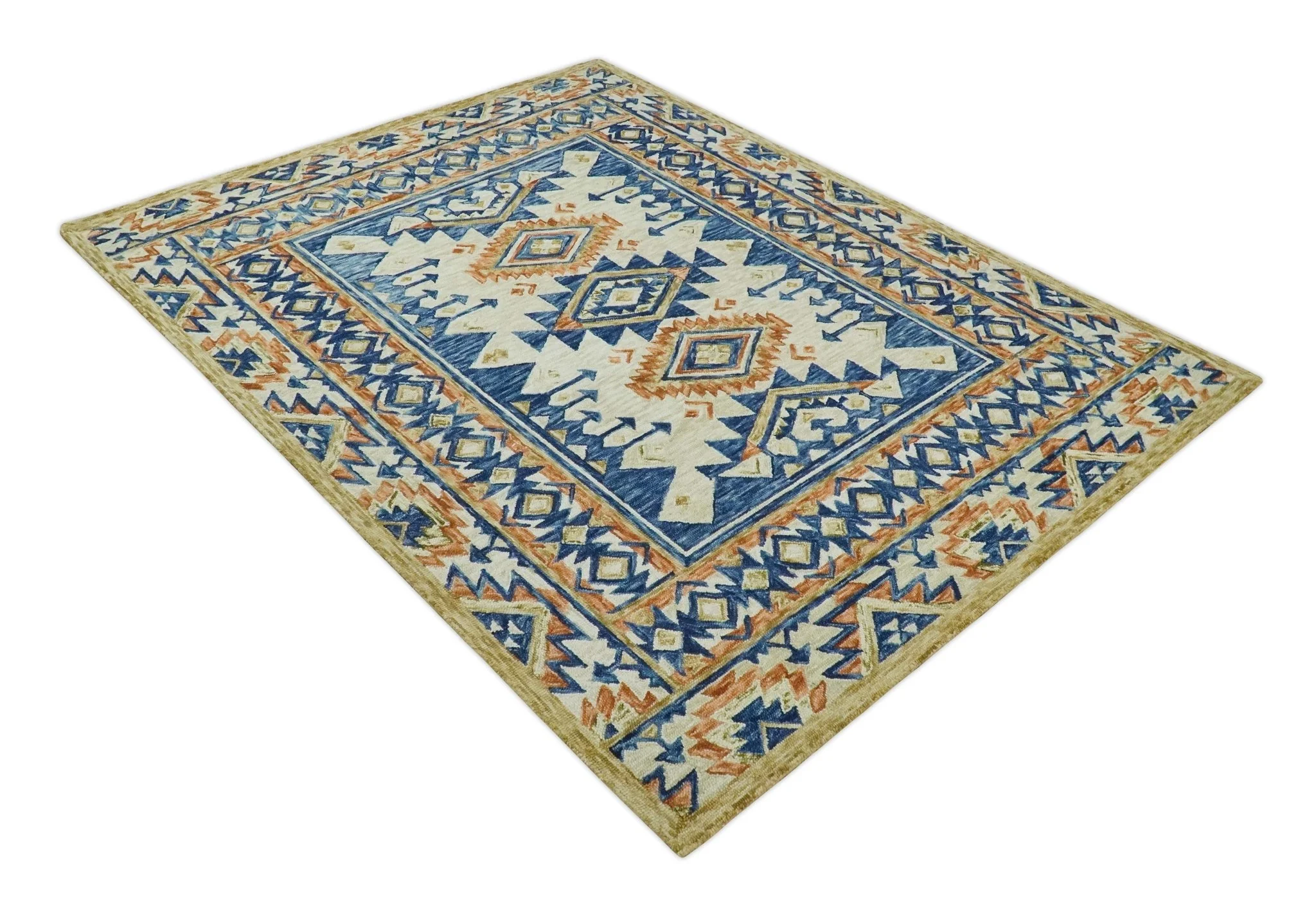 Ready To Ship Bohemian Southwestern Hand Tufted Blue, Gold and Beige Wool Rug - Image 9