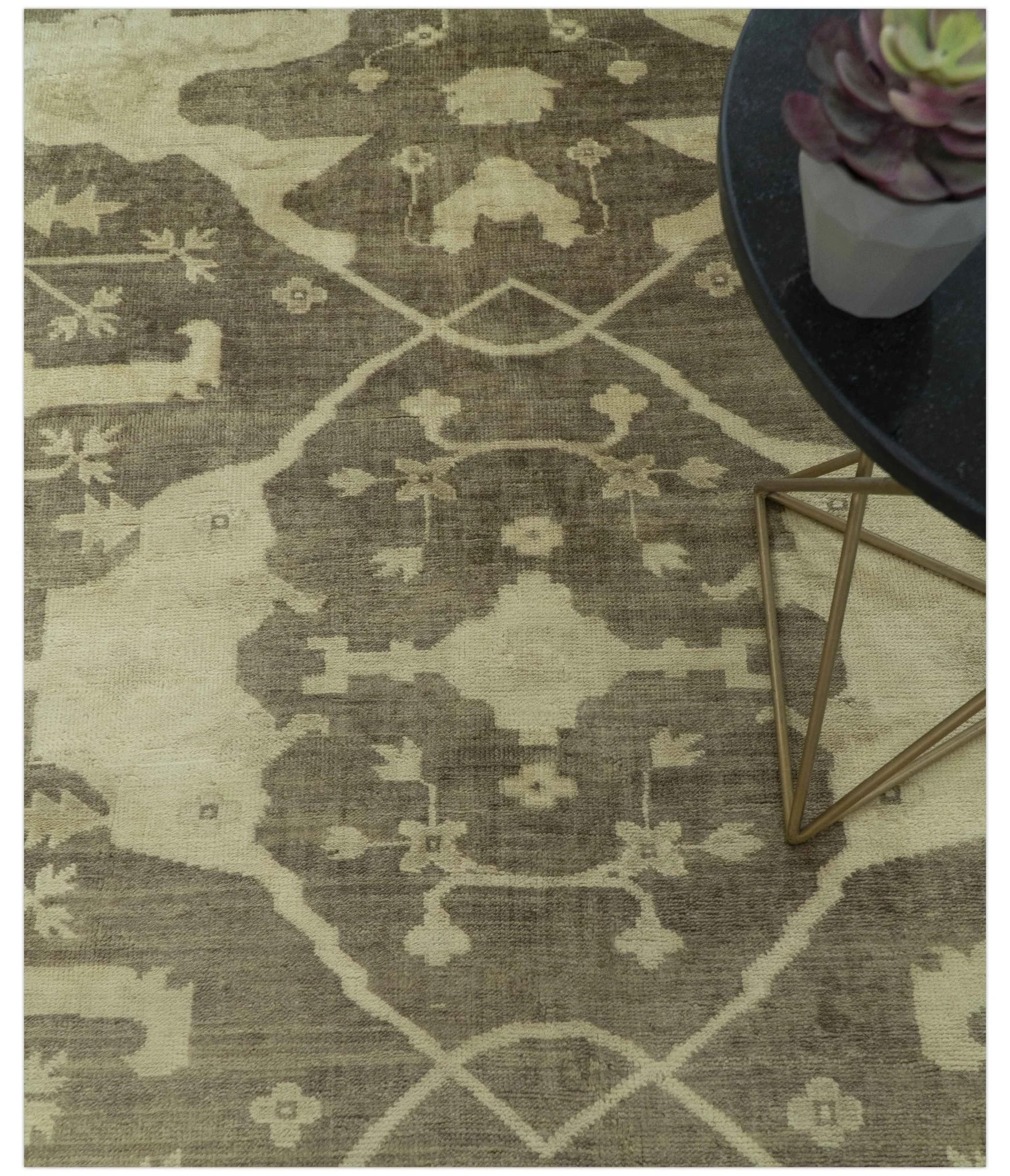 Brown And Beige Traditional Oushak Hand knotted Wool Area Rug - Image 3