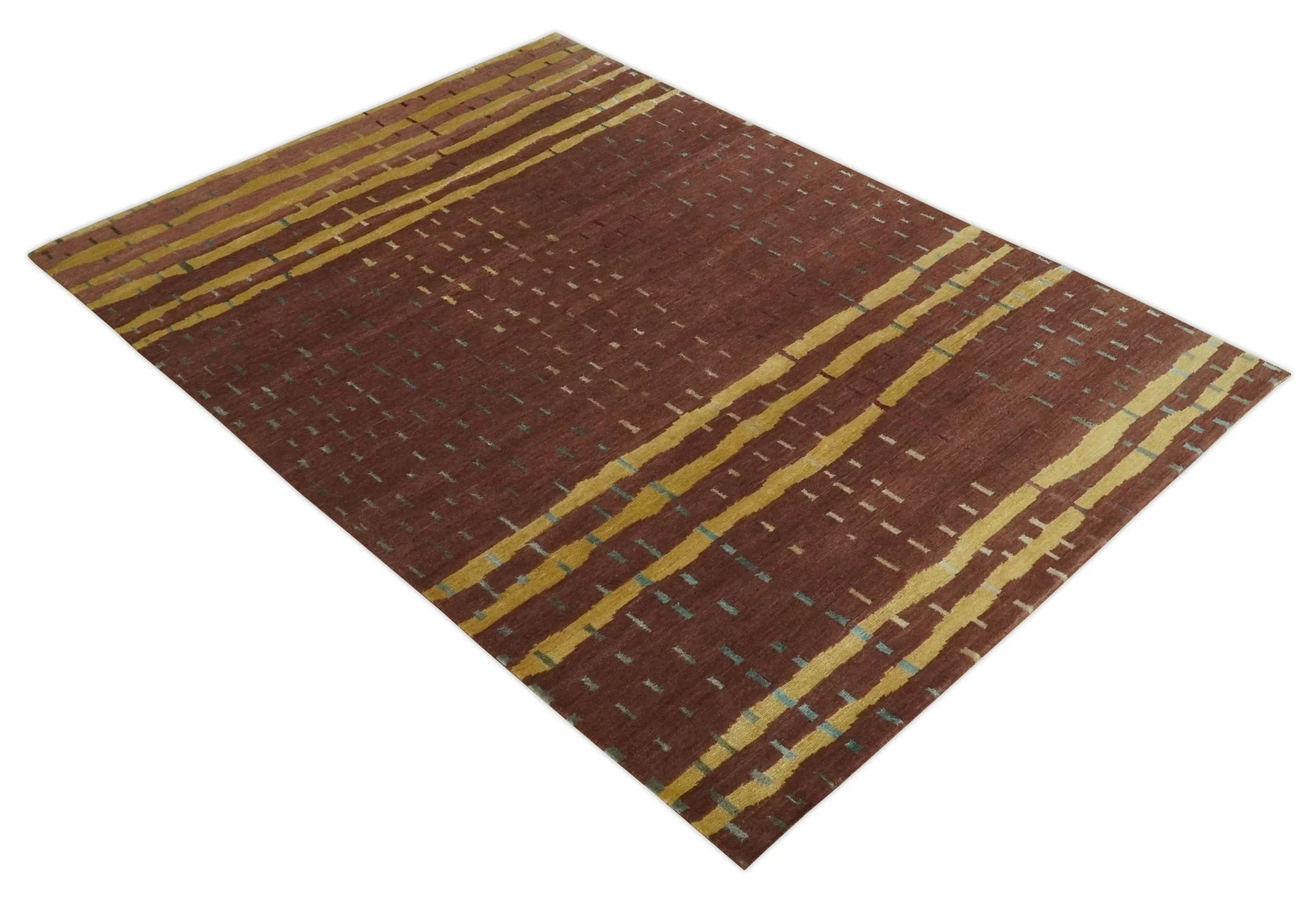 5x7 Brown and Gold Stripes Pattern Hand knotted Wool and Art Silk Area Rug - Image 9