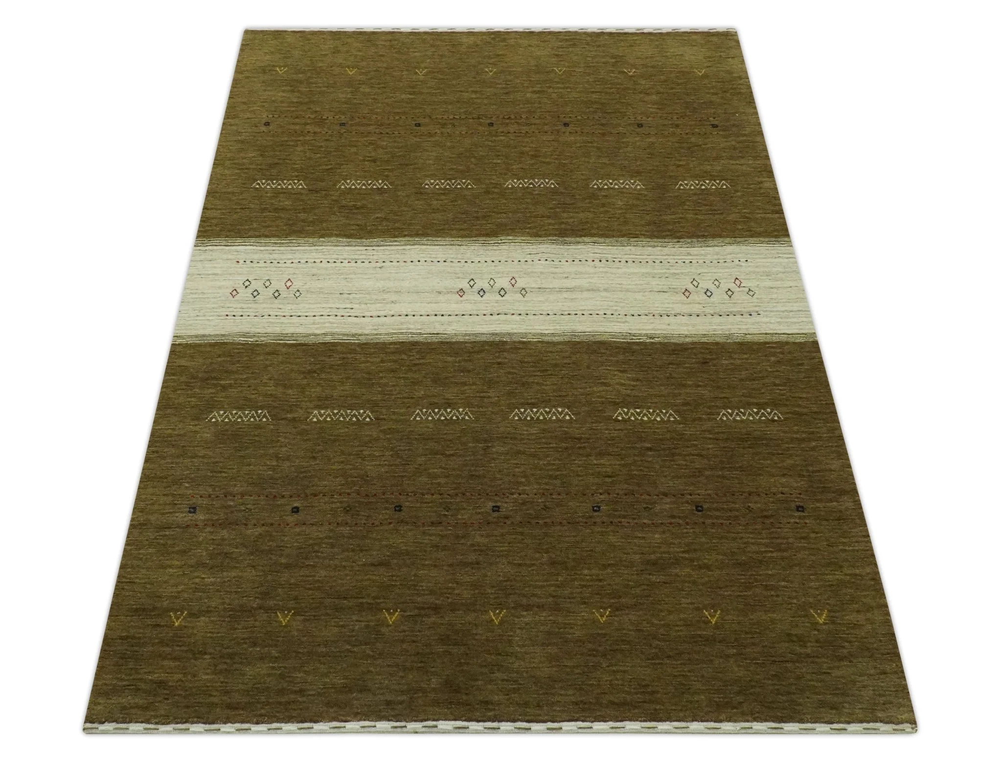 Brown and Ivory Geometrical Stripes Design Hand loom 4.6x6.6 wool Area Rug - Image 10