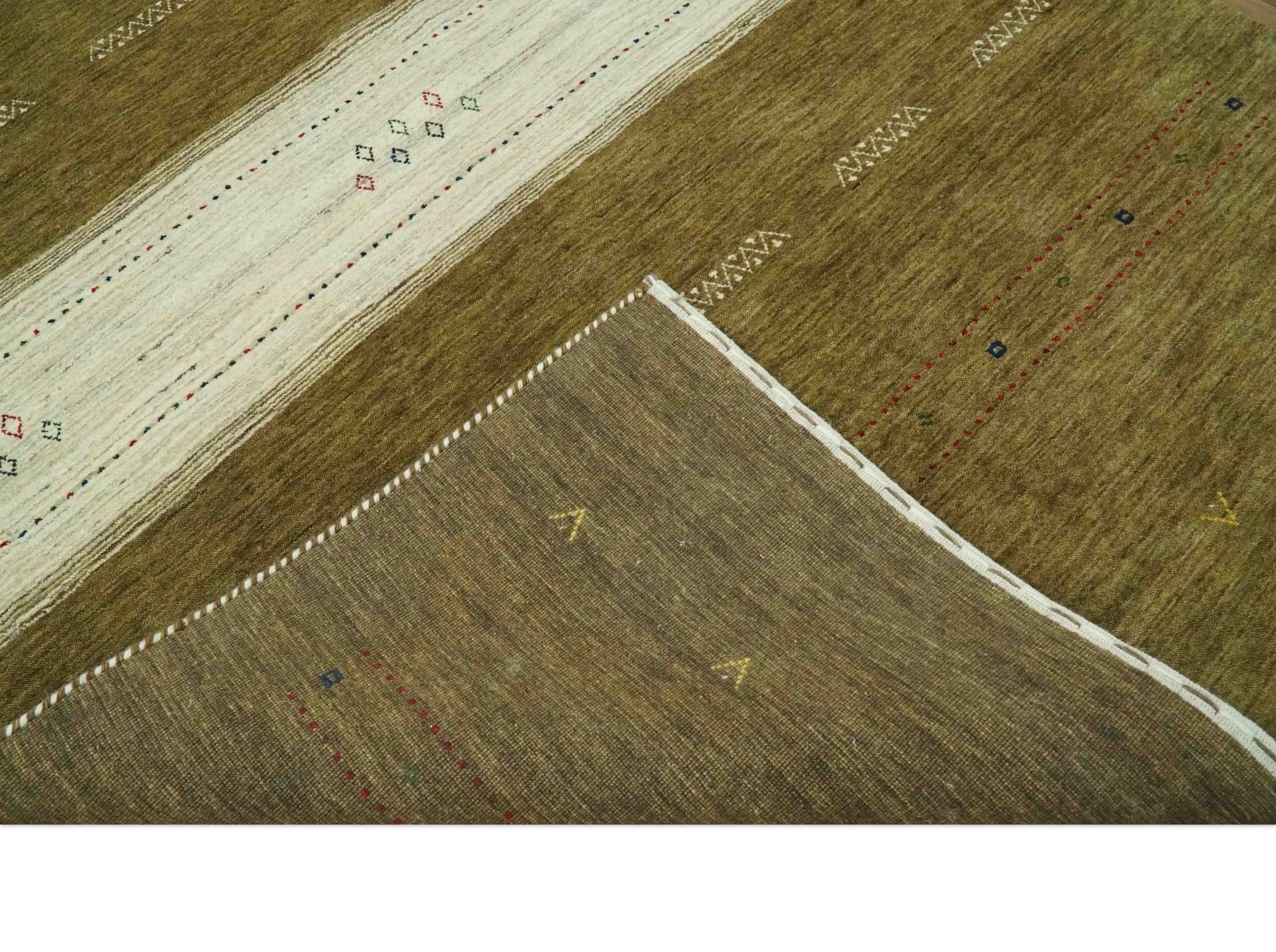 Brown and Ivory Geometrical Stripes Design Hand loom 4.6x6.6 wool Area Rug - Image 6