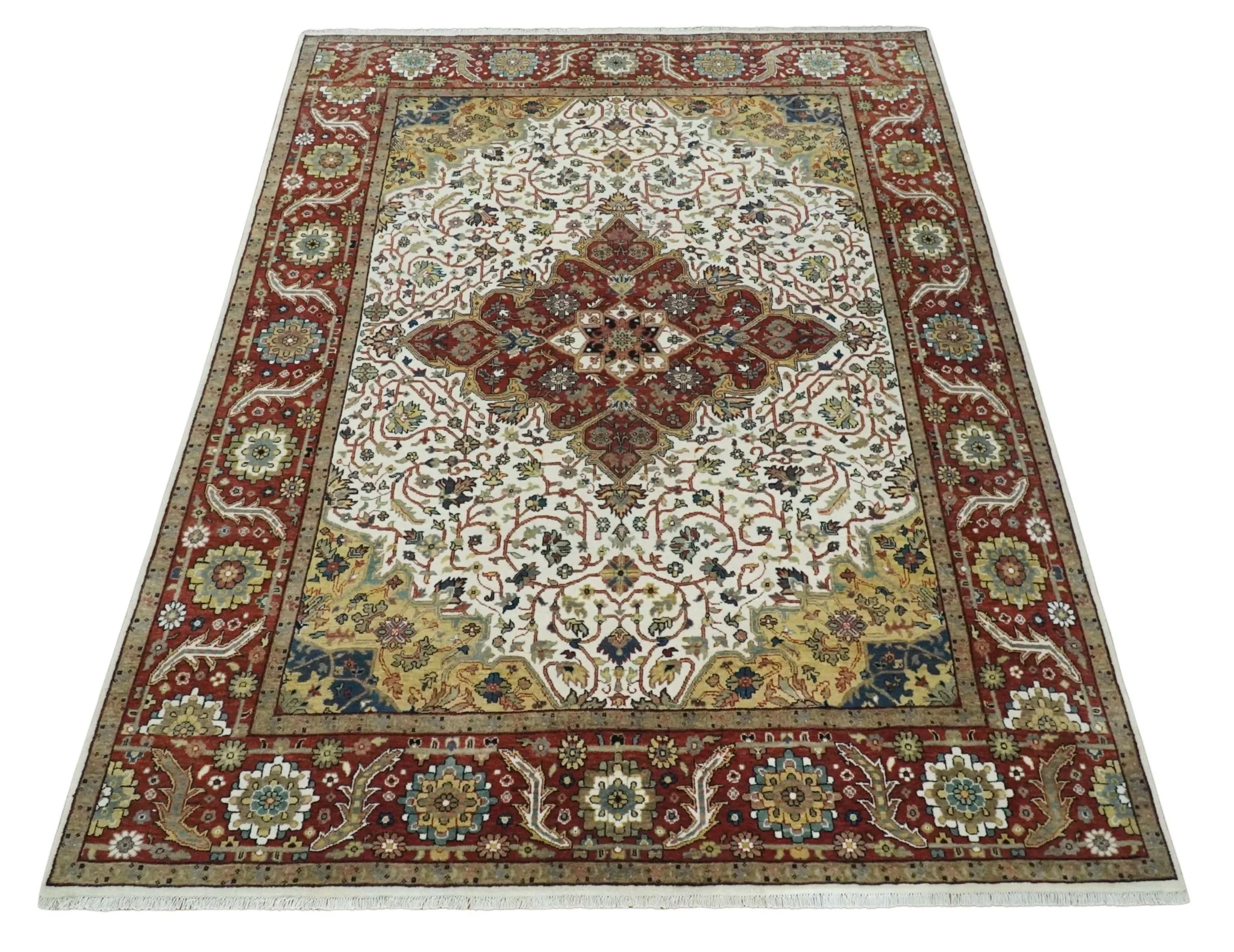 Premium Look Ivory, Rust and Gold 8x10 Hand knotted Traditional Wool Area Rug - Image 10
