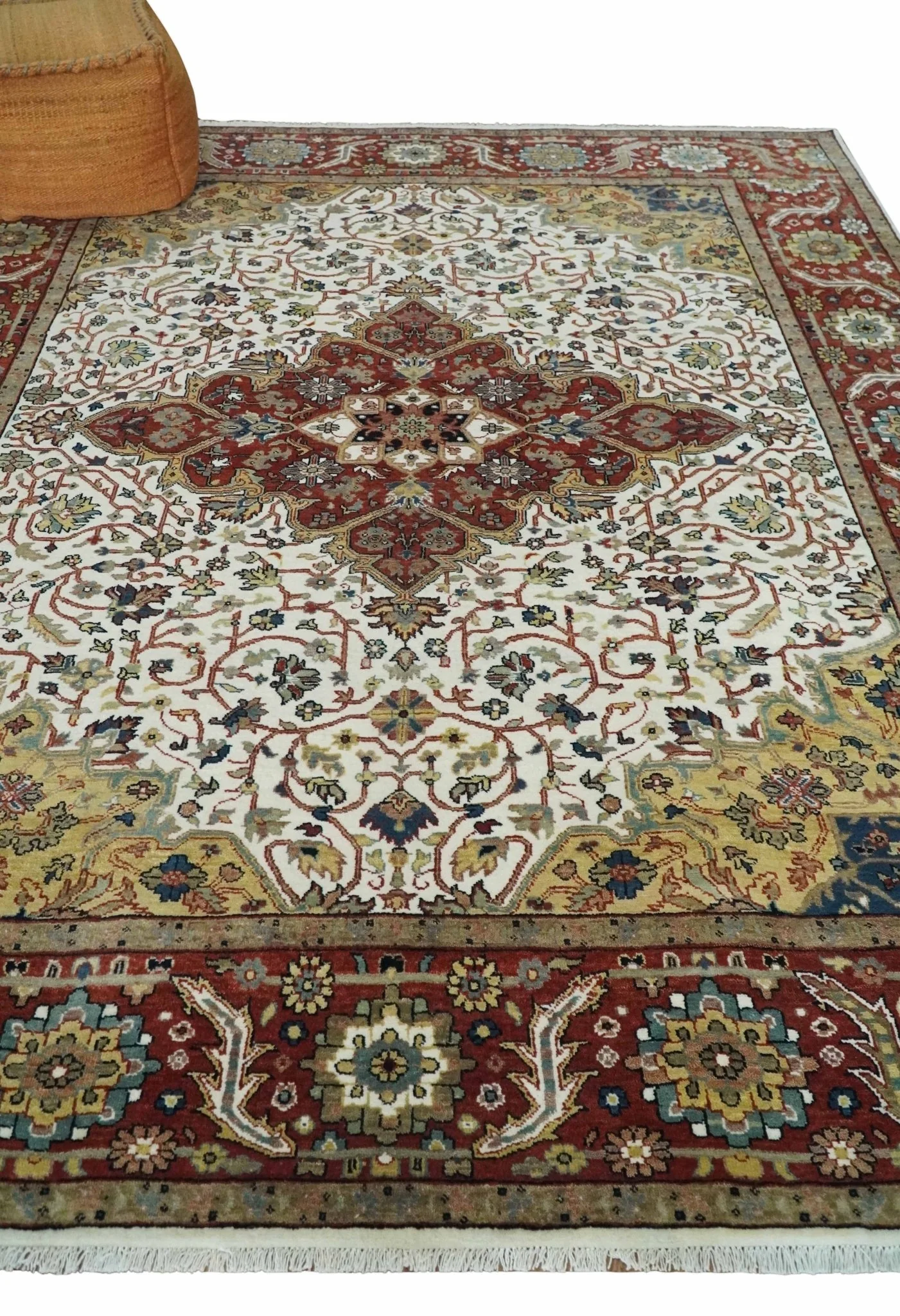 Premium Look Ivory, Rust and Gold 8x10 Hand knotted Traditional Wool Area Rug - Image 3