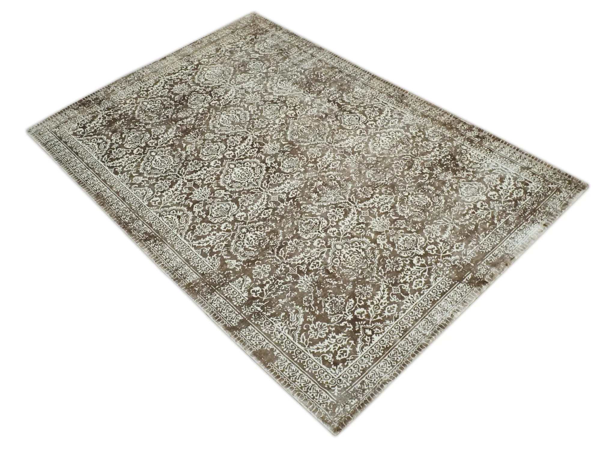 Floral Brown and Ivory Traditional Ikat Large Design 5.6x8 Hand loom Viscose Area Rug - Image 10