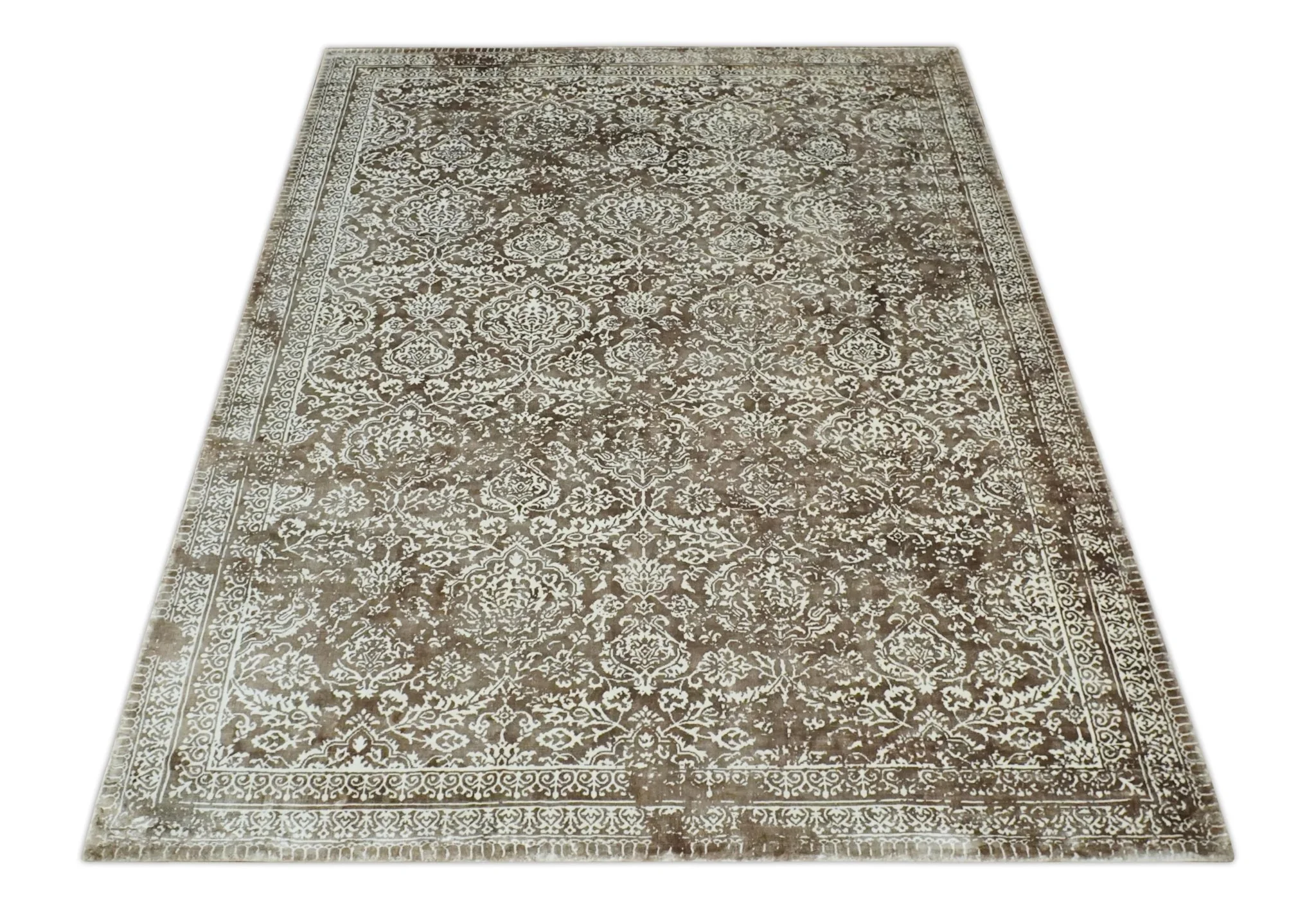 Floral Brown and Ivory Traditional Ikat Large Design 5.6x8 Hand loom Viscose Area Rug - Image 11