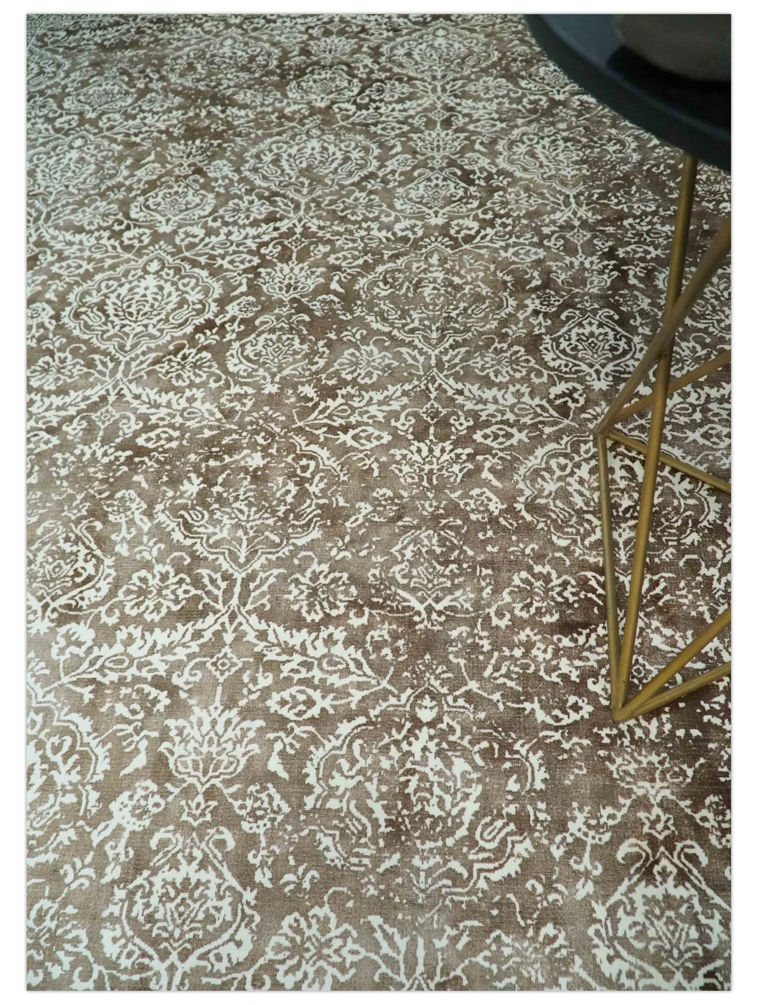 Floral Brown and Ivory Traditional Ikat Large Design 5.6x8 Hand loom Viscose Area Rug - Image 3