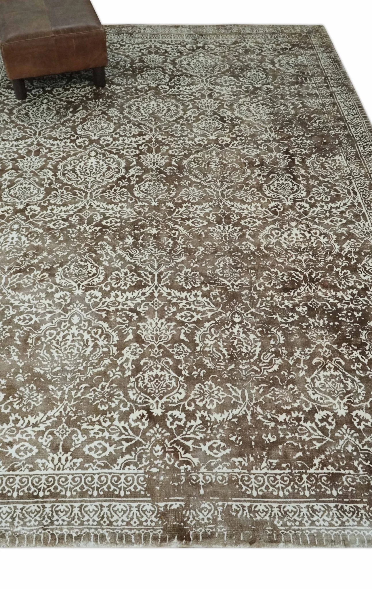 Floral Brown and Ivory Traditional Ikat Large Design 5.6x8 Hand loom Viscose Area Rug - Image 4