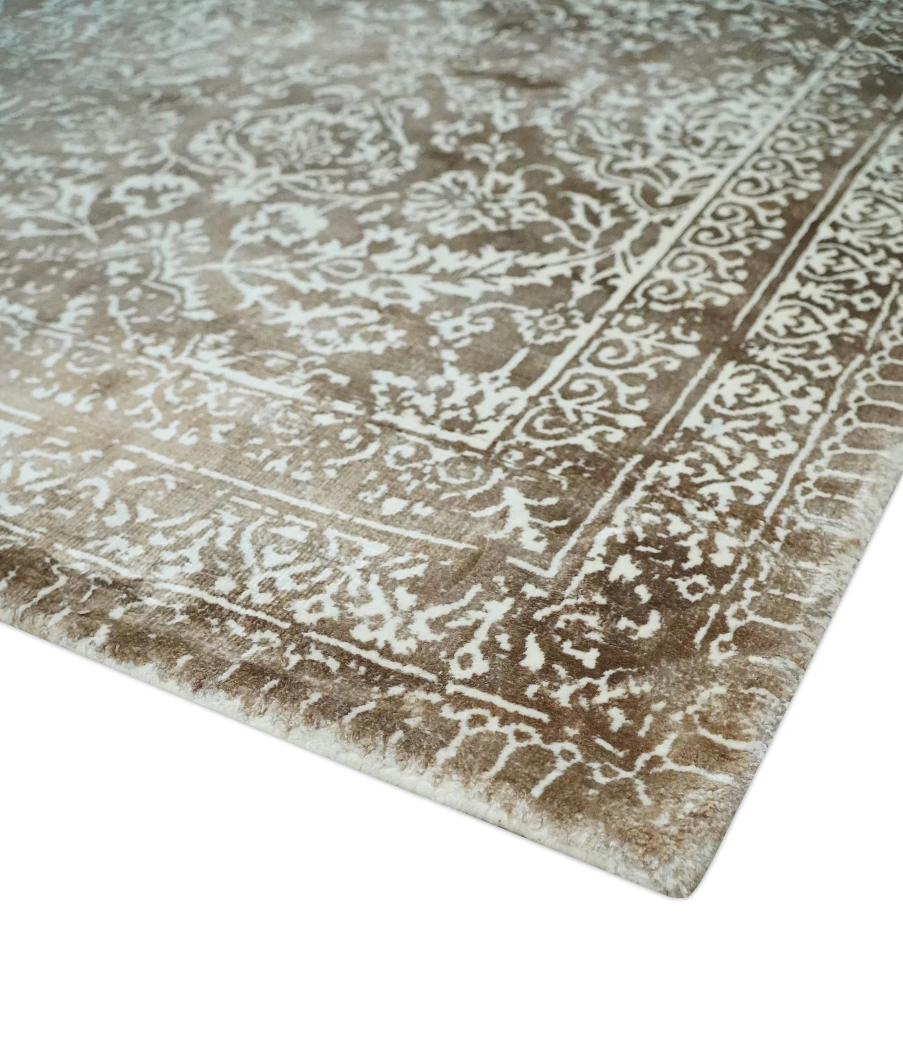 Floral Brown and Ivory Traditional Ikat Large Design 5.6x8 Hand loom Viscose Area Rug - Image 6
