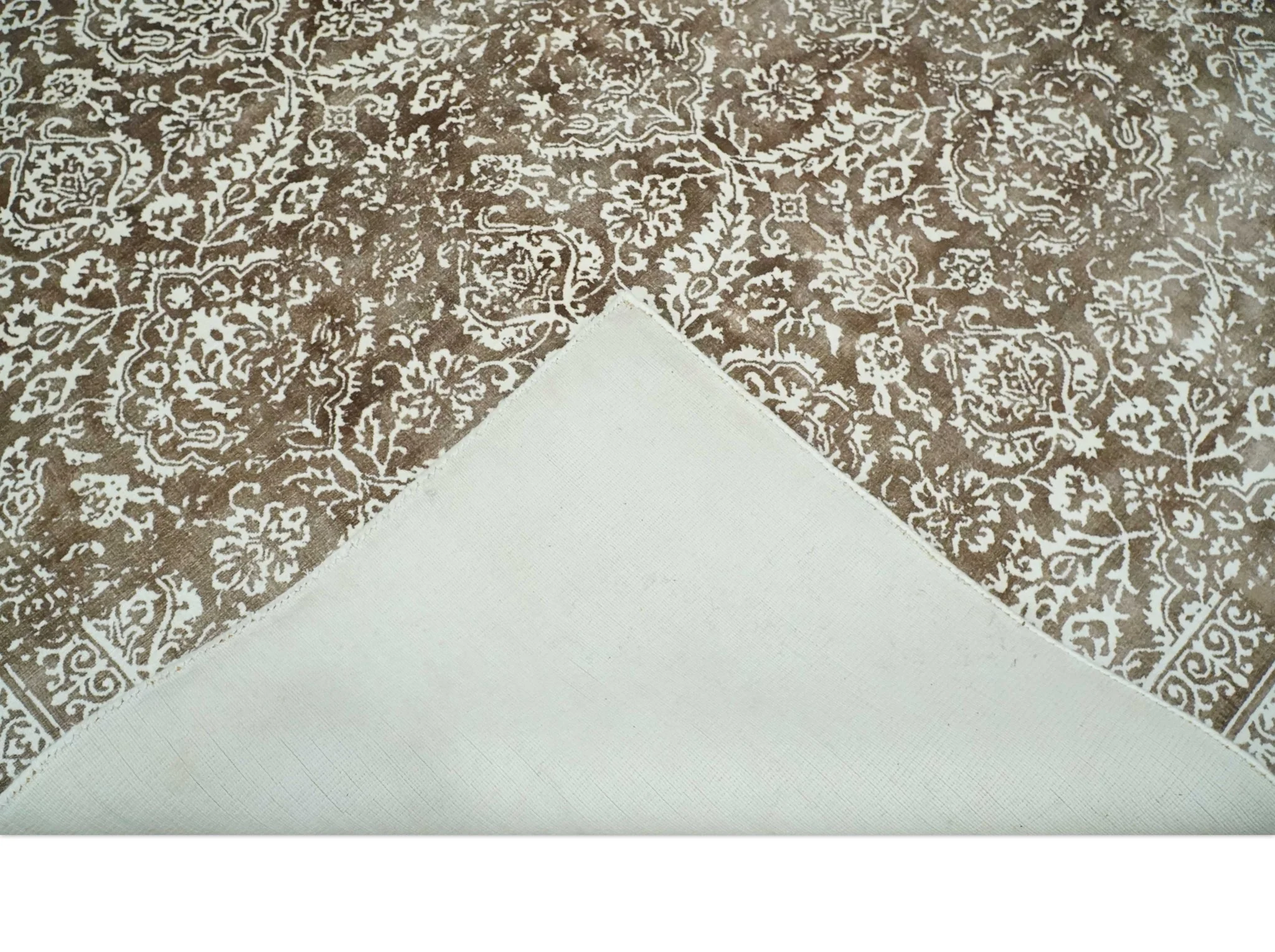 Floral Brown and Ivory Traditional Ikat Large Design 5.6x8 Hand loom Viscose Area Rug - Image 8