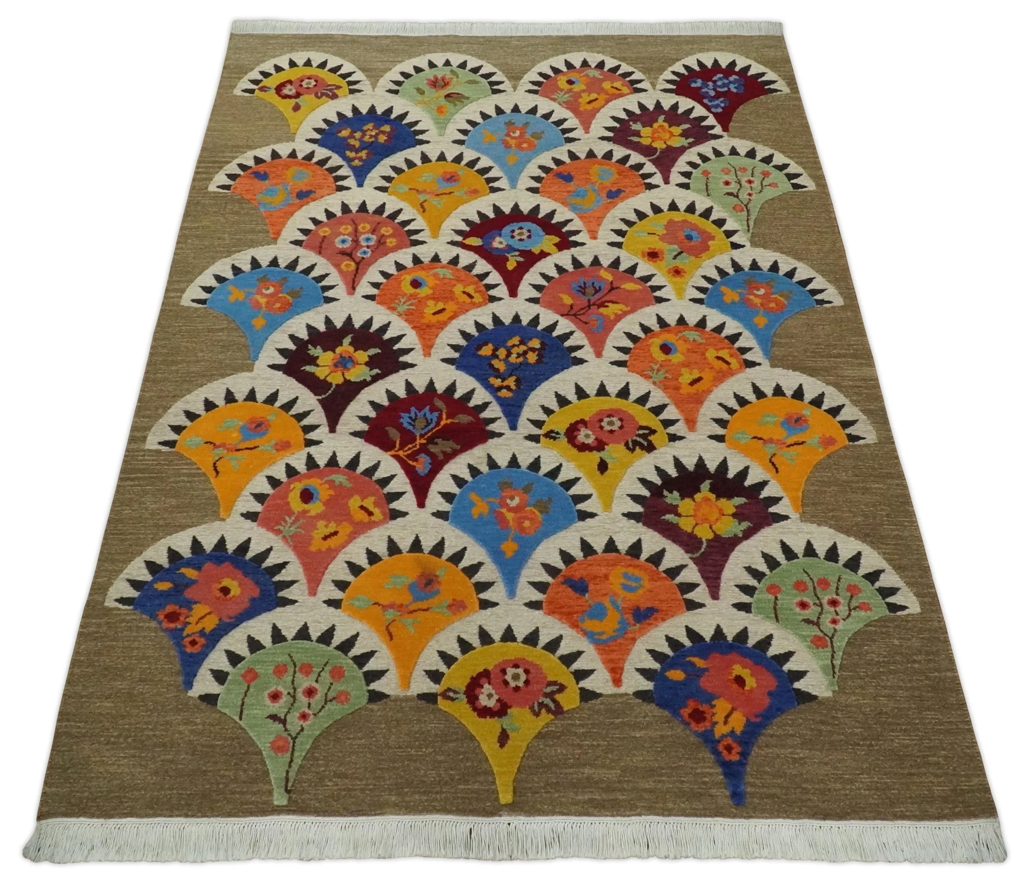 5x7 Flatwoven Soumak Brown and Ivory with multicolor Wool Hand Woven Floral Design Rug | KNT21 - Image 10