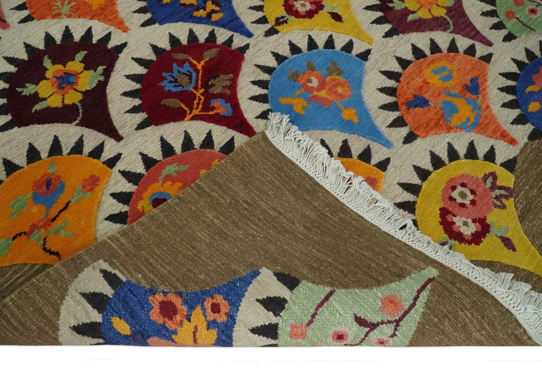 5x7 Flatwoven Soumak Brown and Ivory with multicolor Wool Hand Woven Floral Design Rug | KNT21 - Image 6