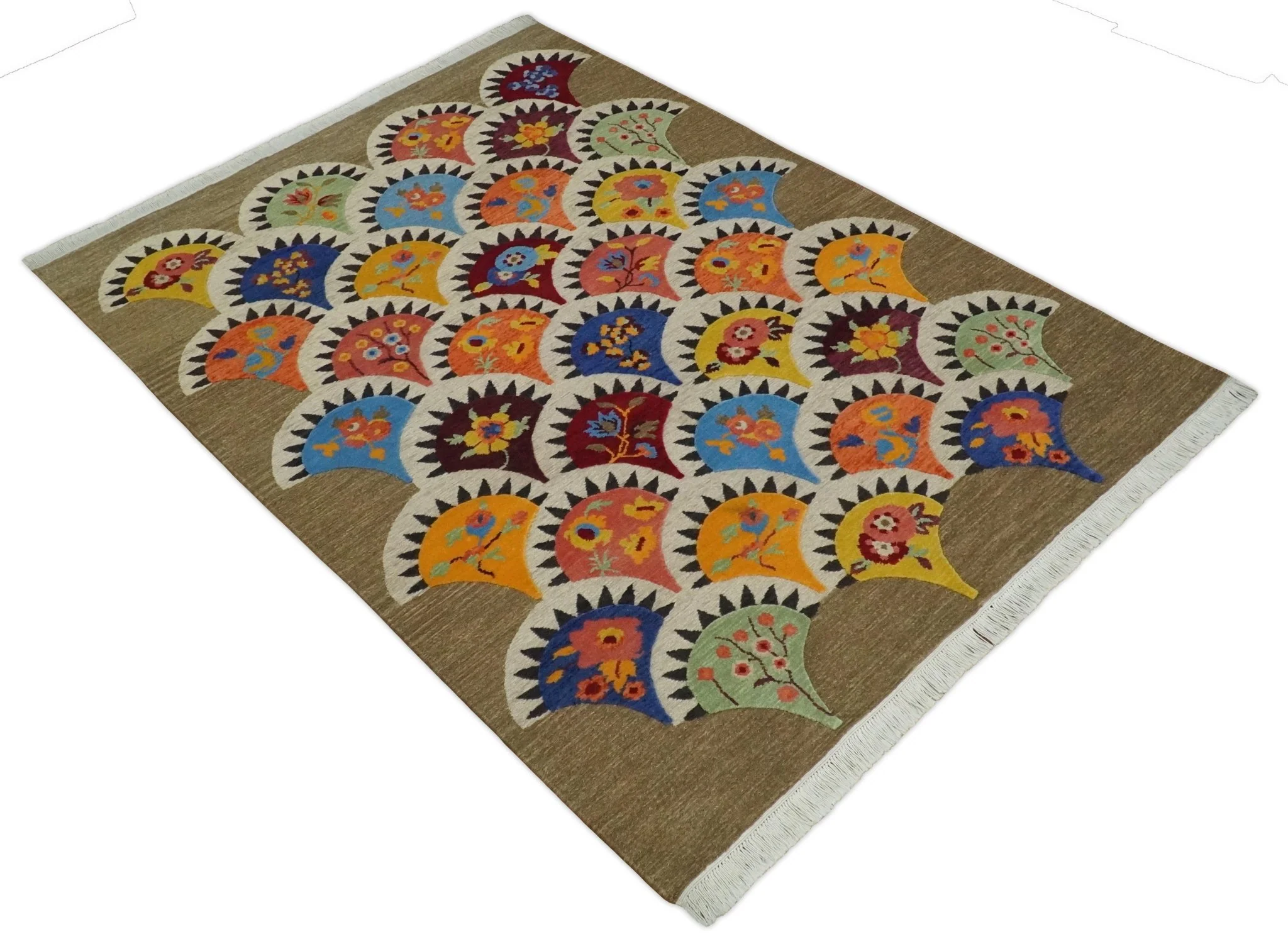 5x7 Flatwoven Soumak Brown and Ivory with multicolor Wool Hand Woven Floral Design Rug | KNT21 - Image 9