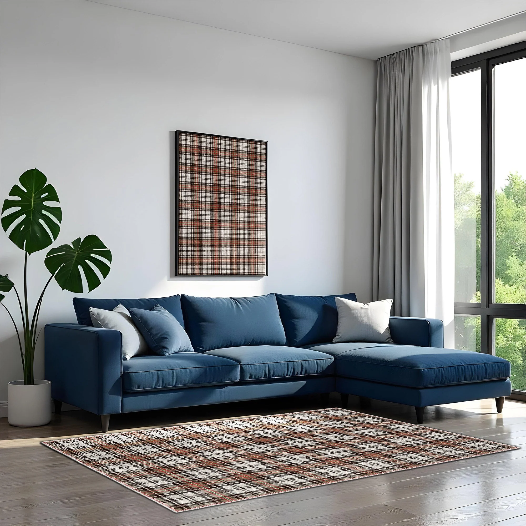 Brown And White Tartan Pattern Machine Washable Rug - Image 2