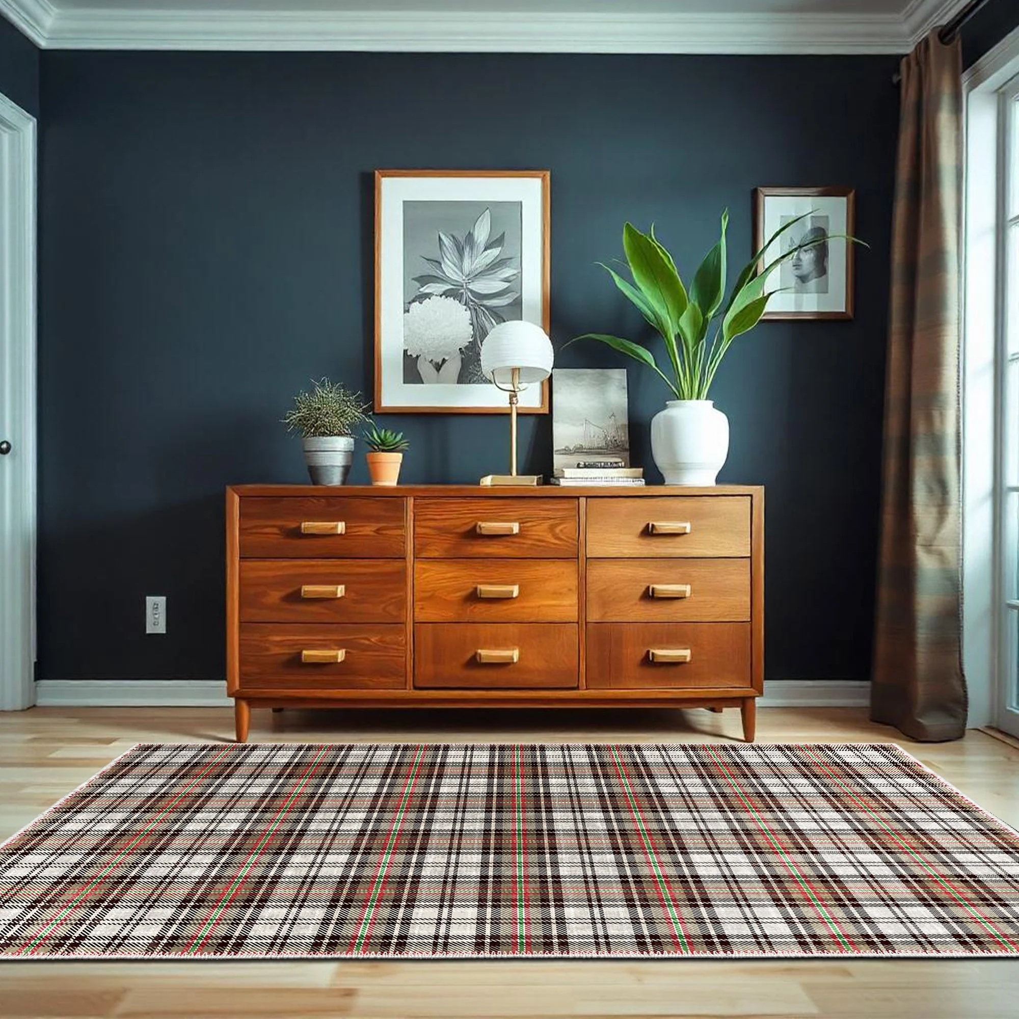Brown And White Tartan Pattern Machine Washable Rug - Image 3