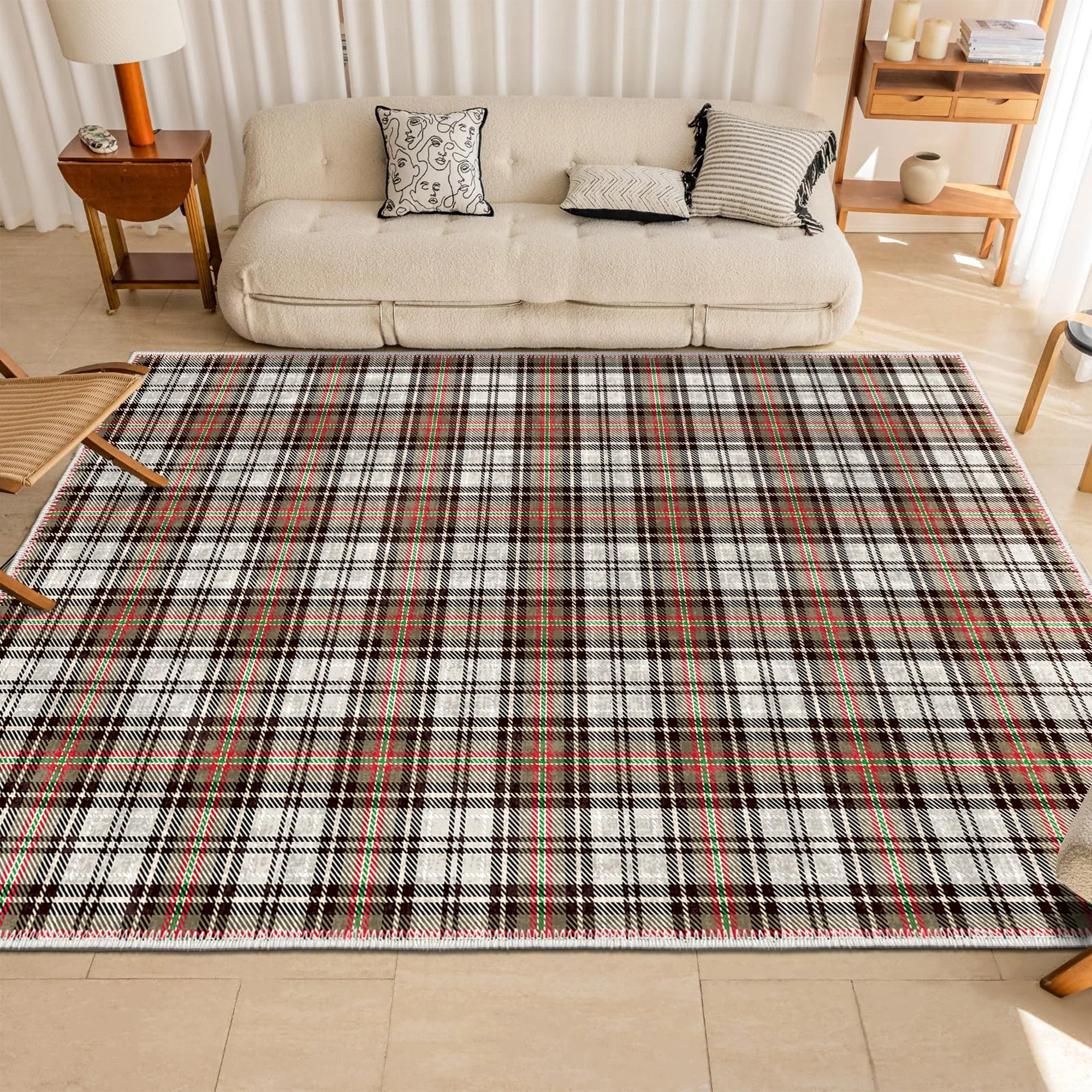 Brown And White Tartan Pattern Machine Washable Rug - Image 4