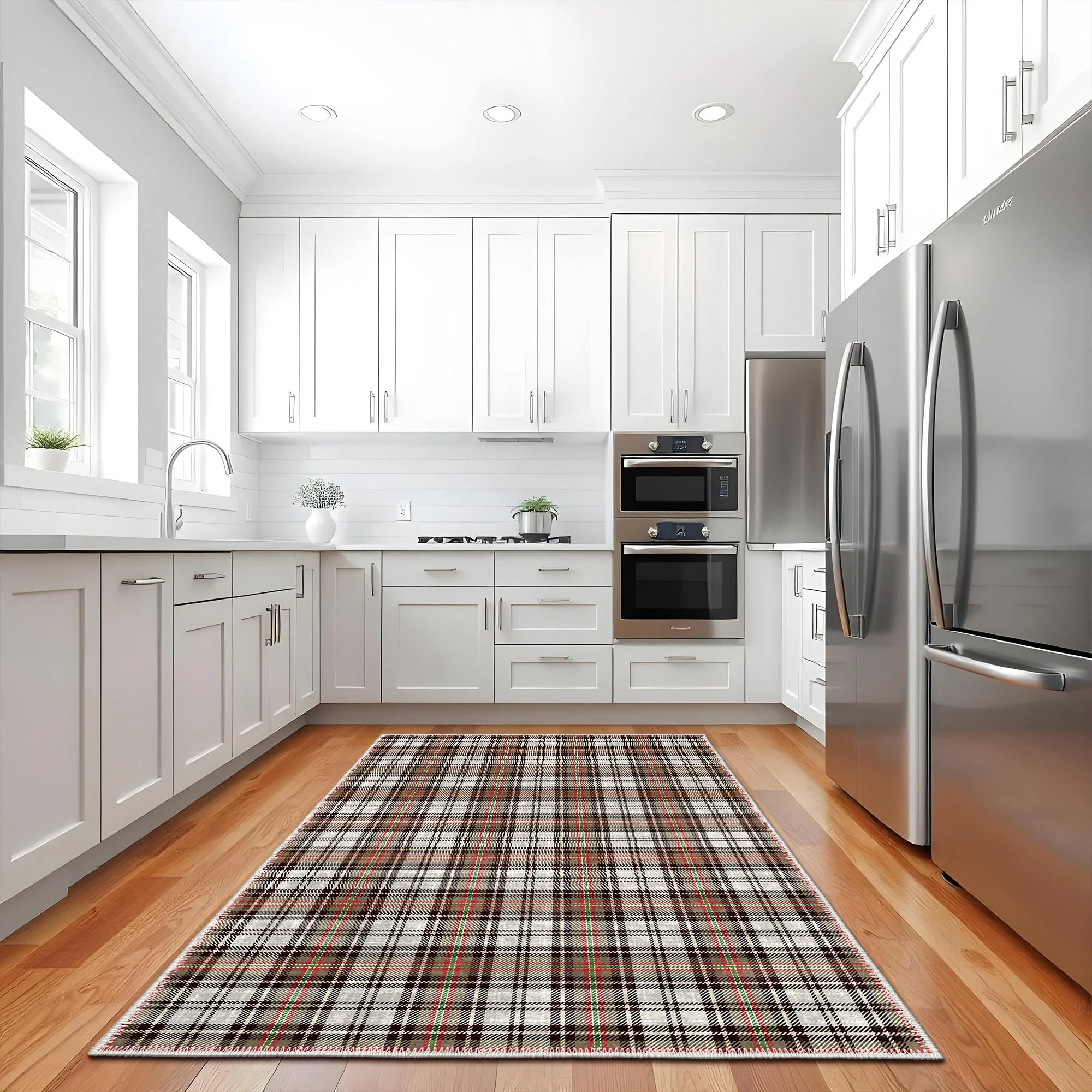 Brown And White Tartan Pattern Machine Washable Rug - Image 5