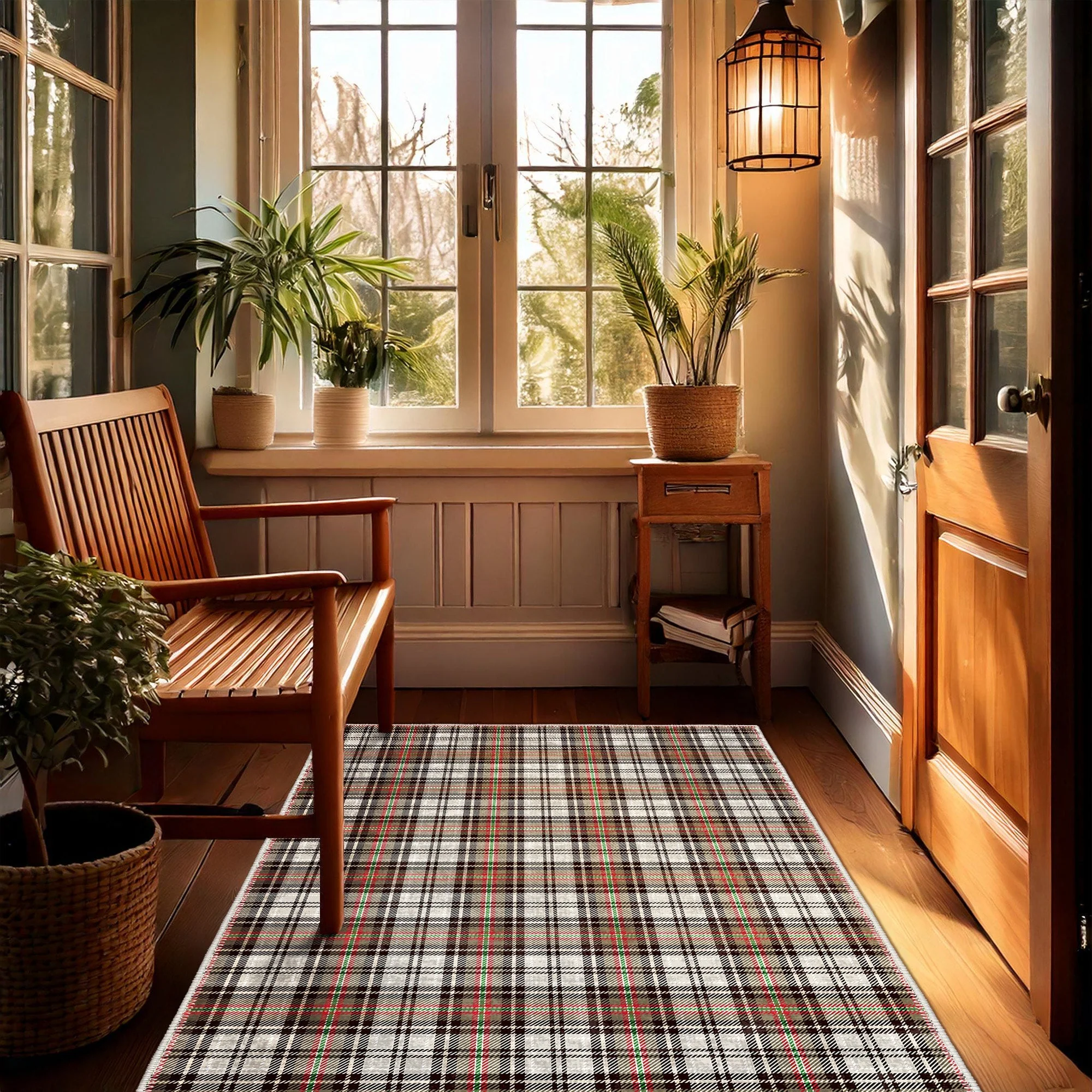 Brown And White Tartan Pattern Machine Washable Rug - Image 6