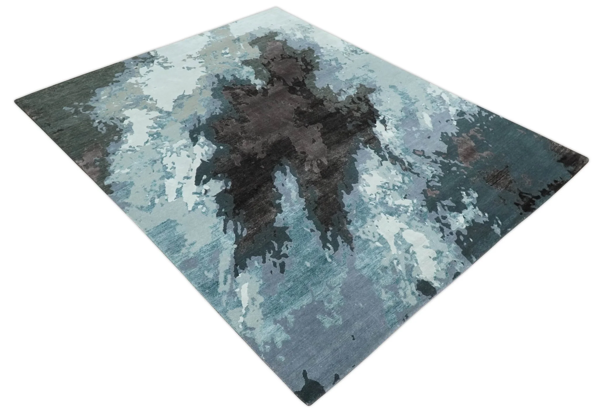 Fine Hand knotted And Carved Brown and Aqua Abstract Bamboo Silk 8x10 Area Rug - Image 10