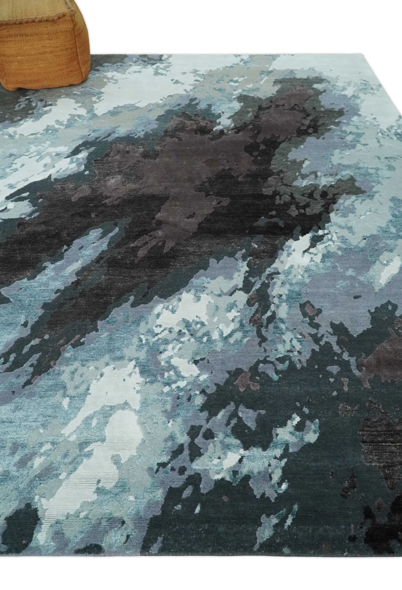 Fine Hand knotted And Carved Brown and Aqua Abstract Bamboo Silk 8x10 Area Rug - Image 3