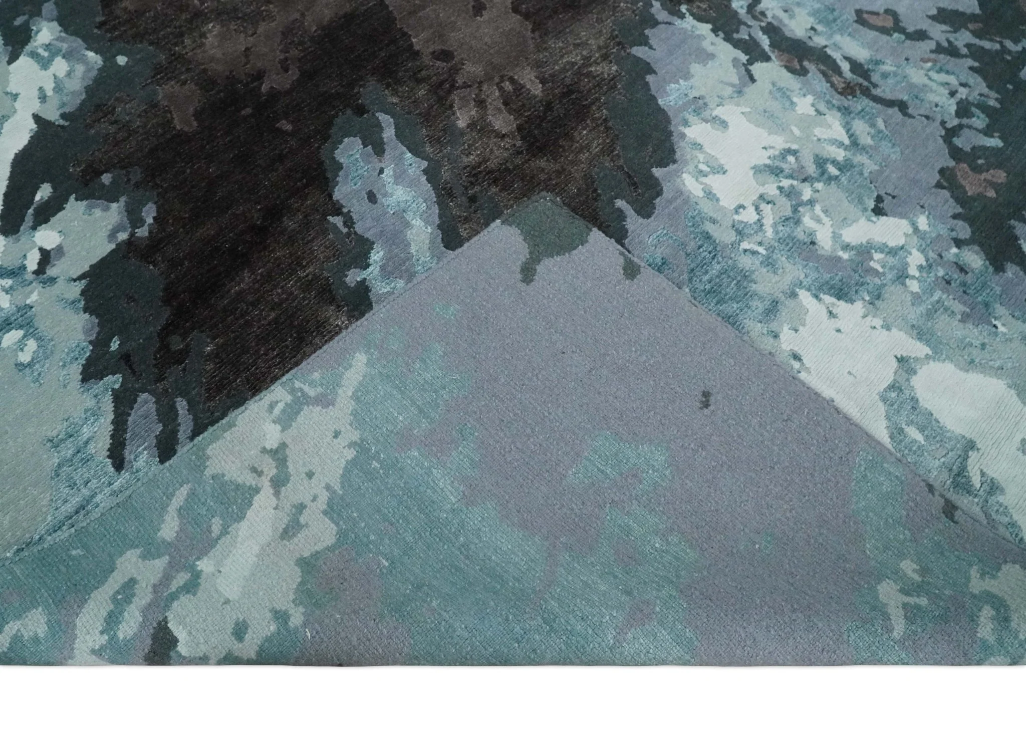 Fine Hand knotted And Carved Brown and Aqua Abstract Bamboo Silk 8x10 Area Rug - Image 6
