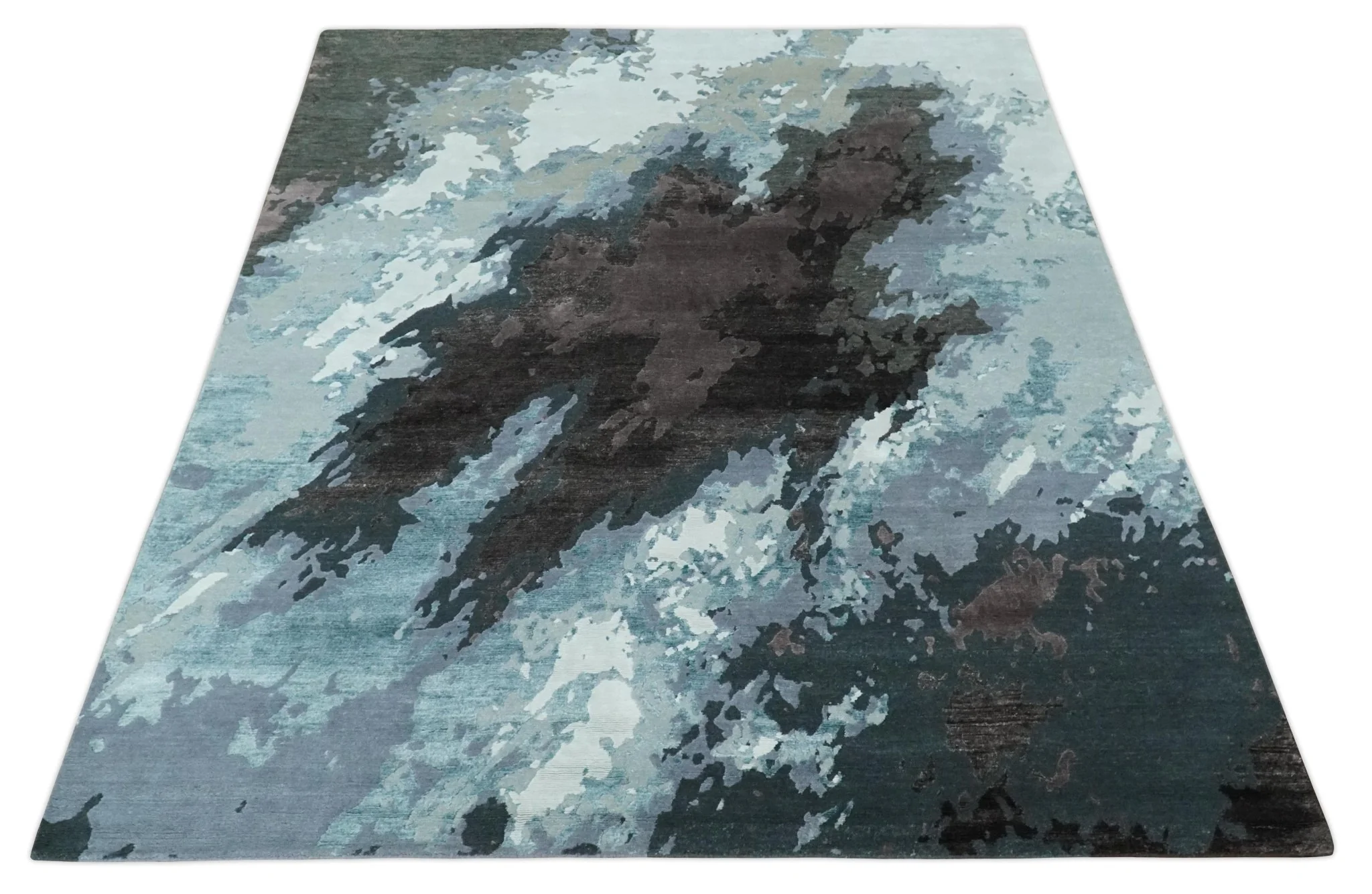 Fine Hand knotted And Carved Brown and Aqua Abstract Bamboo Silk 8x10 Area Rug - Image 9