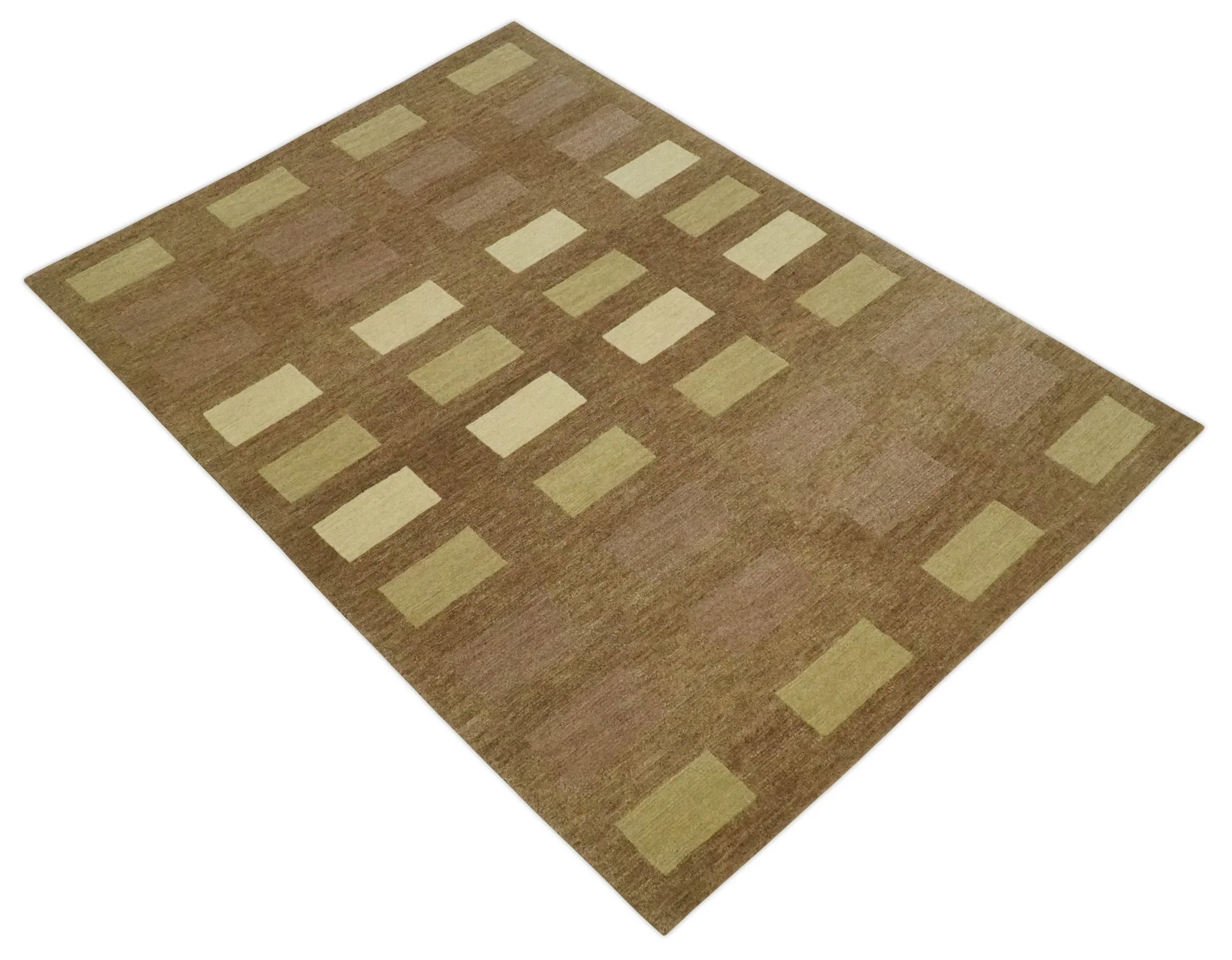 Modern Brown, Beige and Olive Geometrical Pattern Handloom 4x5.6 woo Area Rug - Image 9
